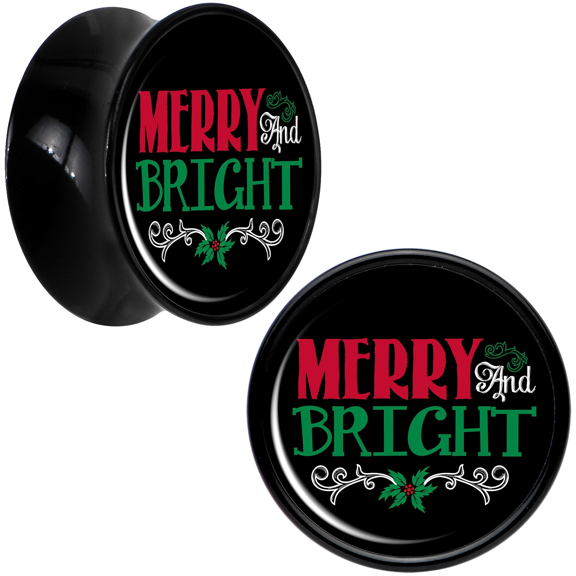 Christmas Merry and Bright Black Acrylic Saddle Plug Set Sizes 8mm to 20mm