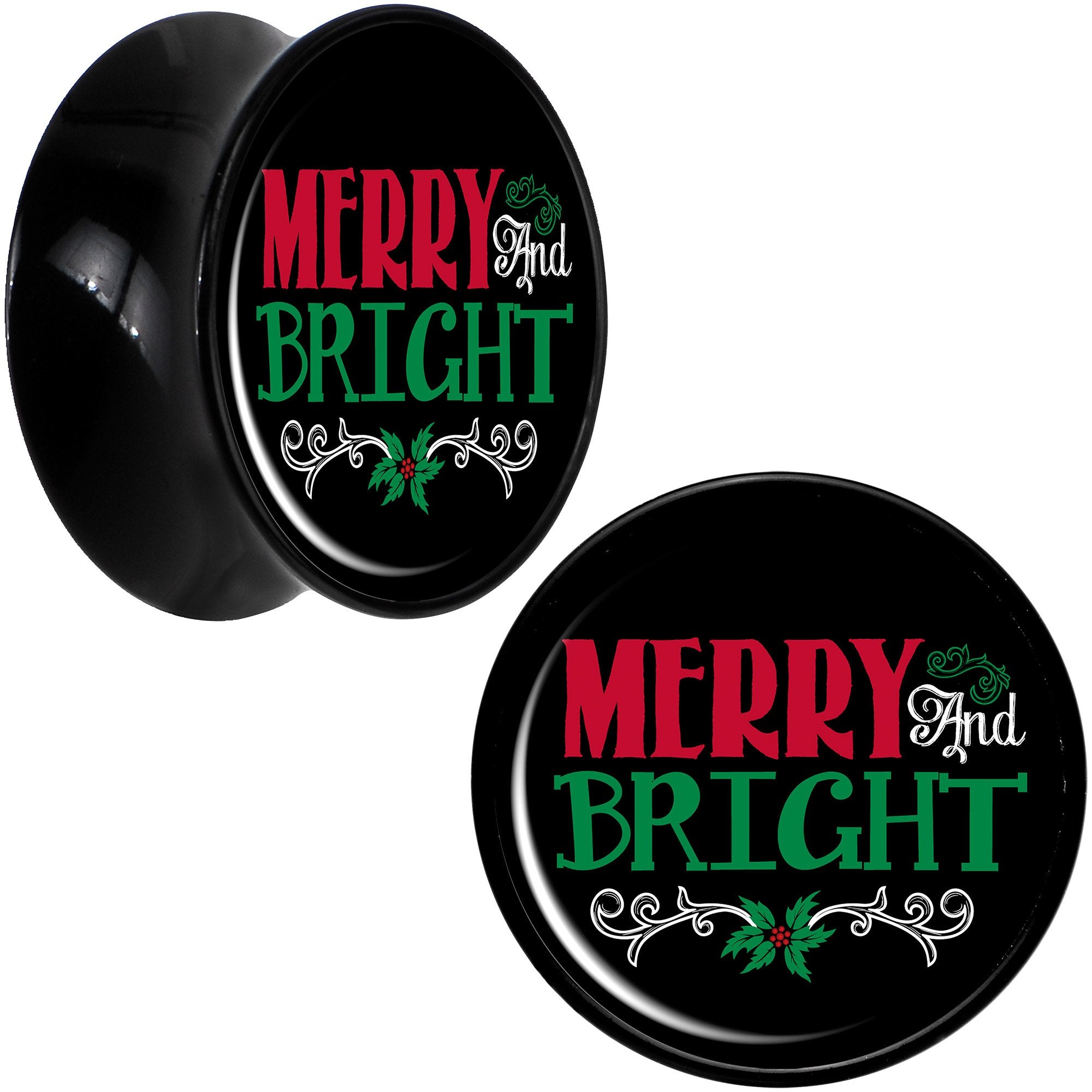 Christmas Merry and Bright Black Acrylic Saddle Plug Set Sizes 8mm to 20mm