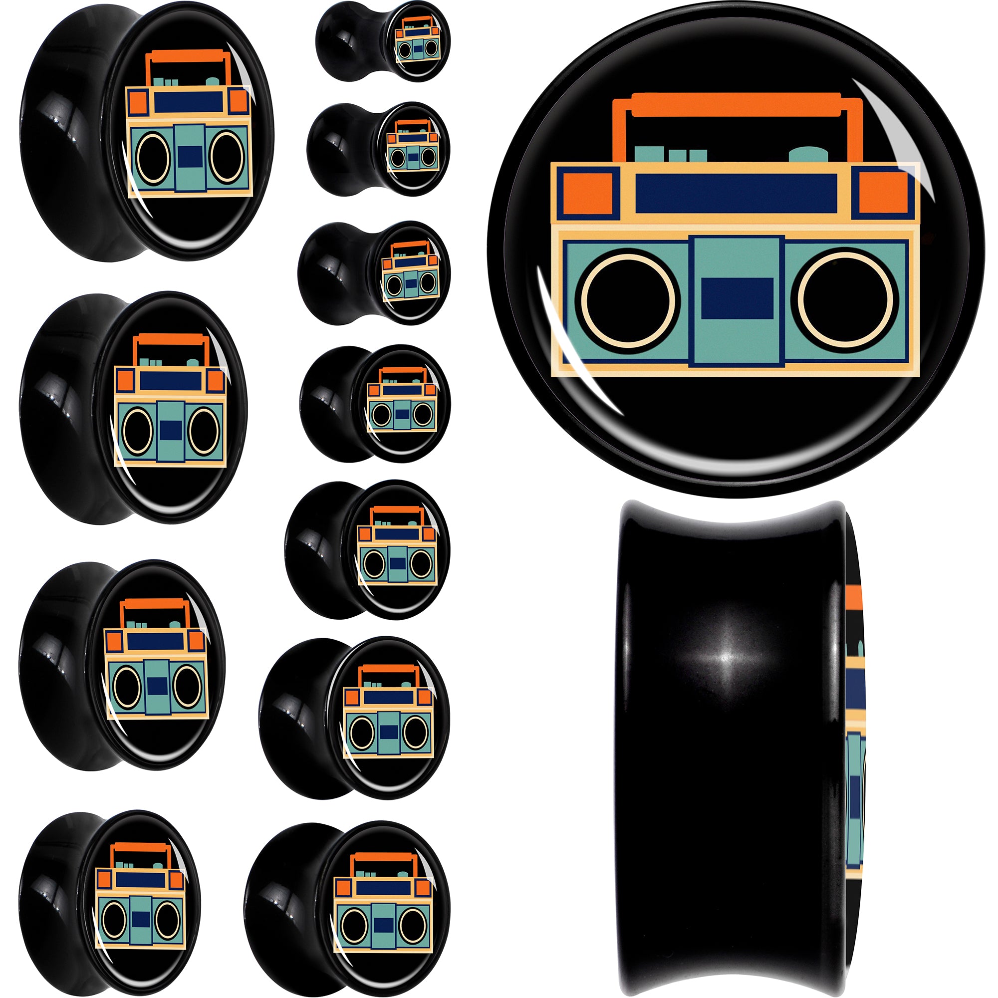 Black Acrylic Retro Boombox Double Flare Plug Set by Onyx O