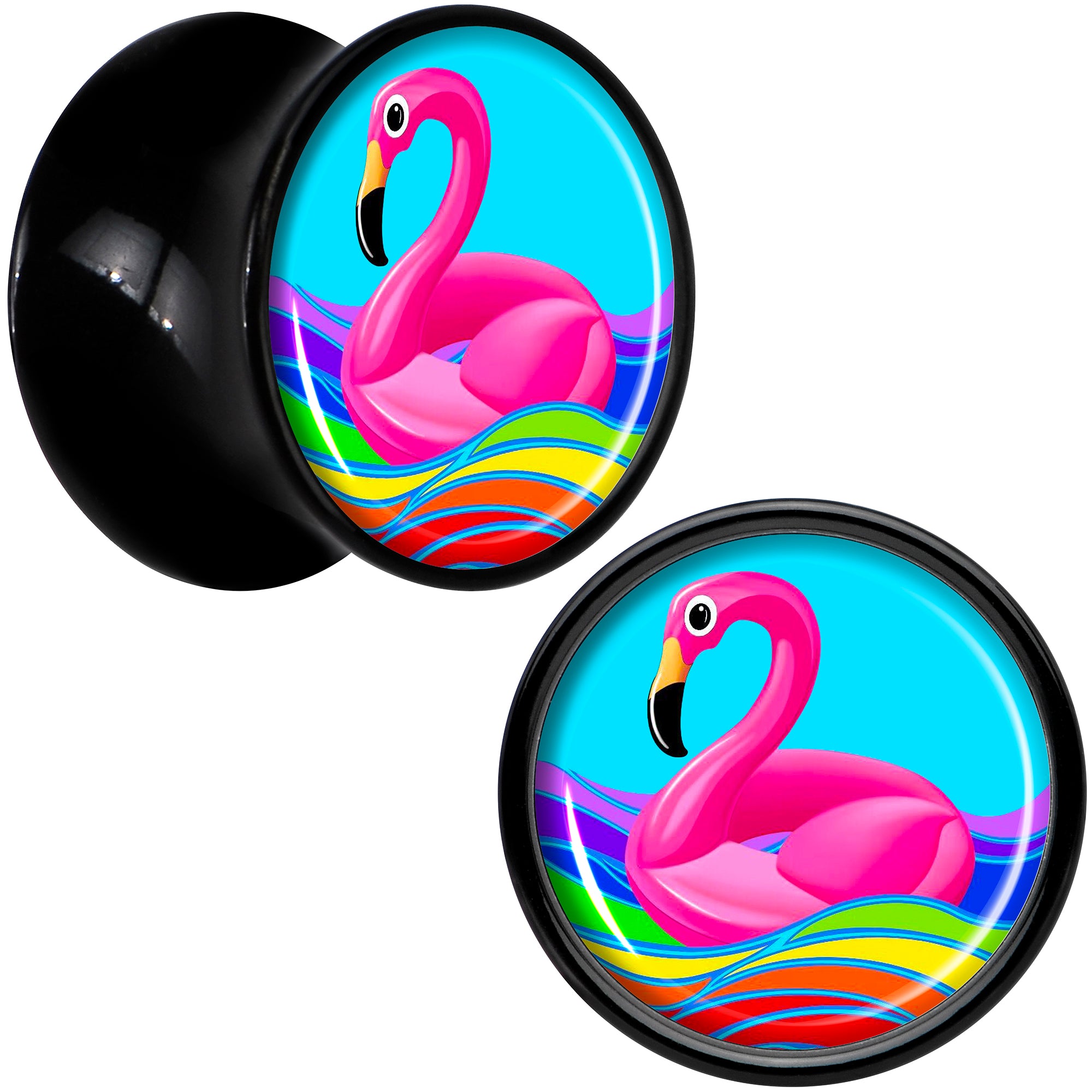 Black Acrylic Rainbow Sea Floating Flamingo Double Flare Plug Set by Onyx O