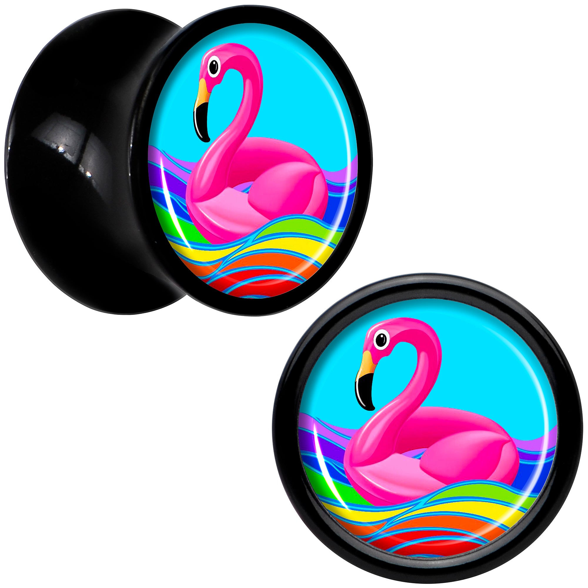 Black Acrylic Rainbow Sea Floating Flamingo Double Flare Plug Set by Onyx O