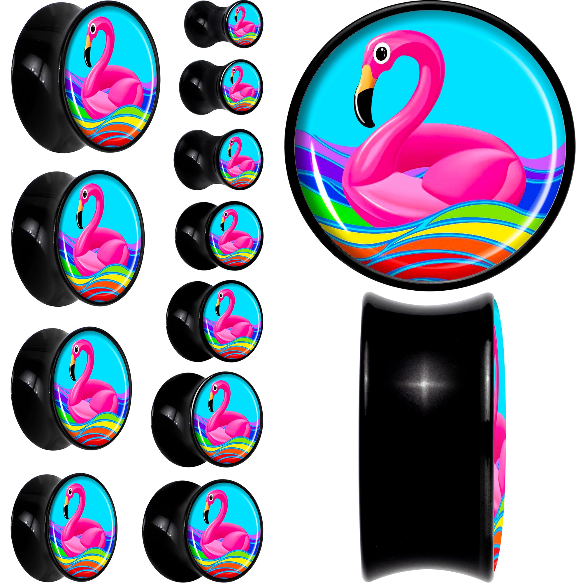 Black Acrylic Rainbow Sea Floating Flamingo Double Flare Plug Set by Onyx O