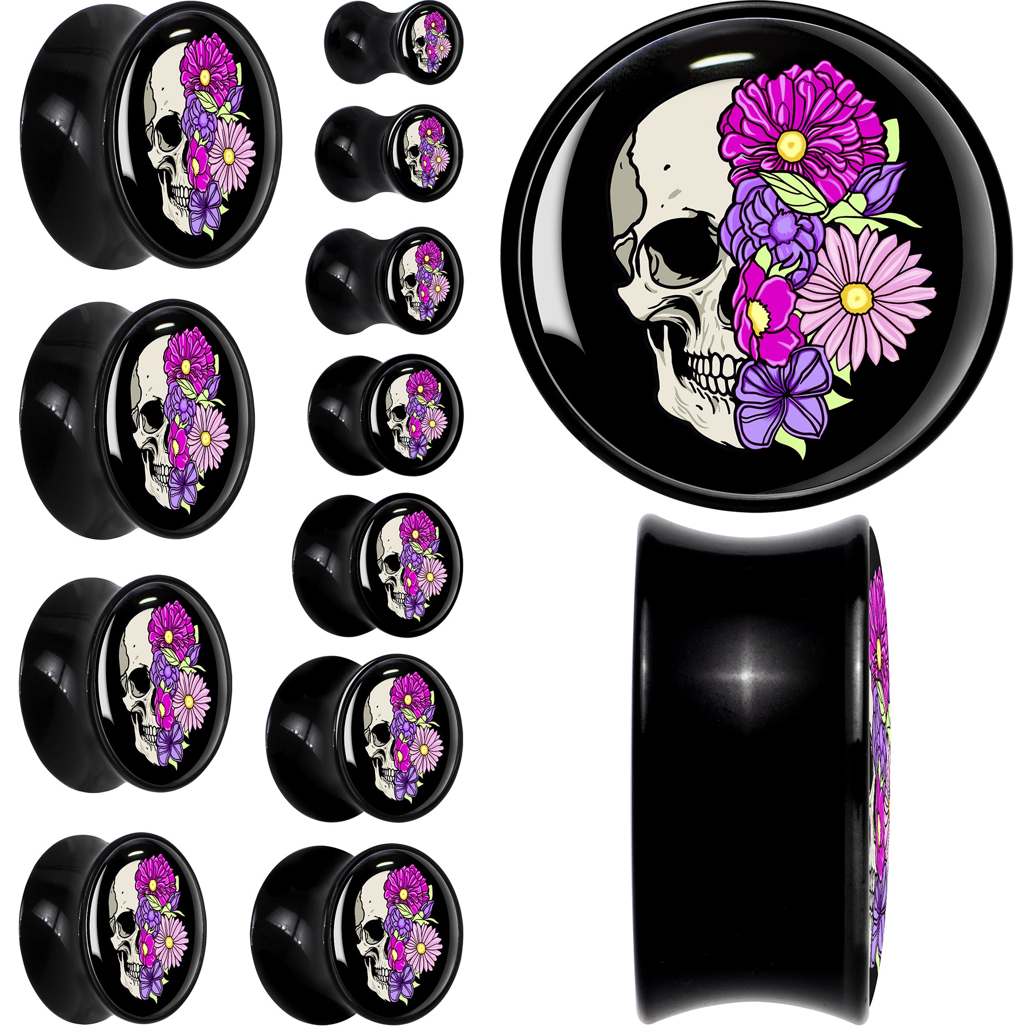 Floral Flowers Skull Black Acrylic Saddle Plug Set 8mm to 20mm by Onyx O