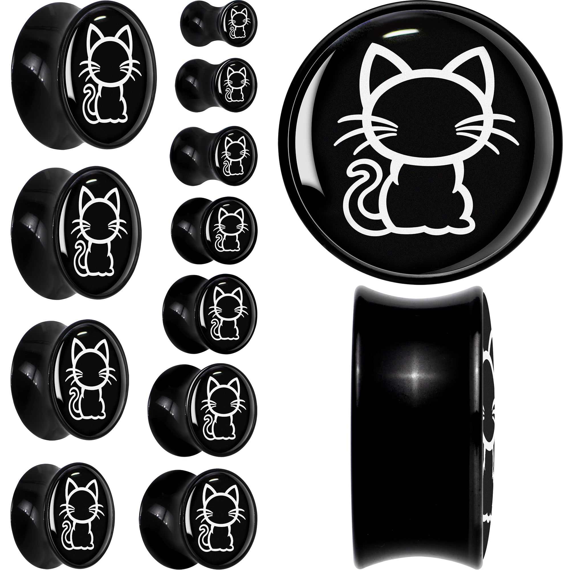 Black and White Kitty Cat Black Acrylic Saddle Plug Set 8mm to 20mm by Onyx O