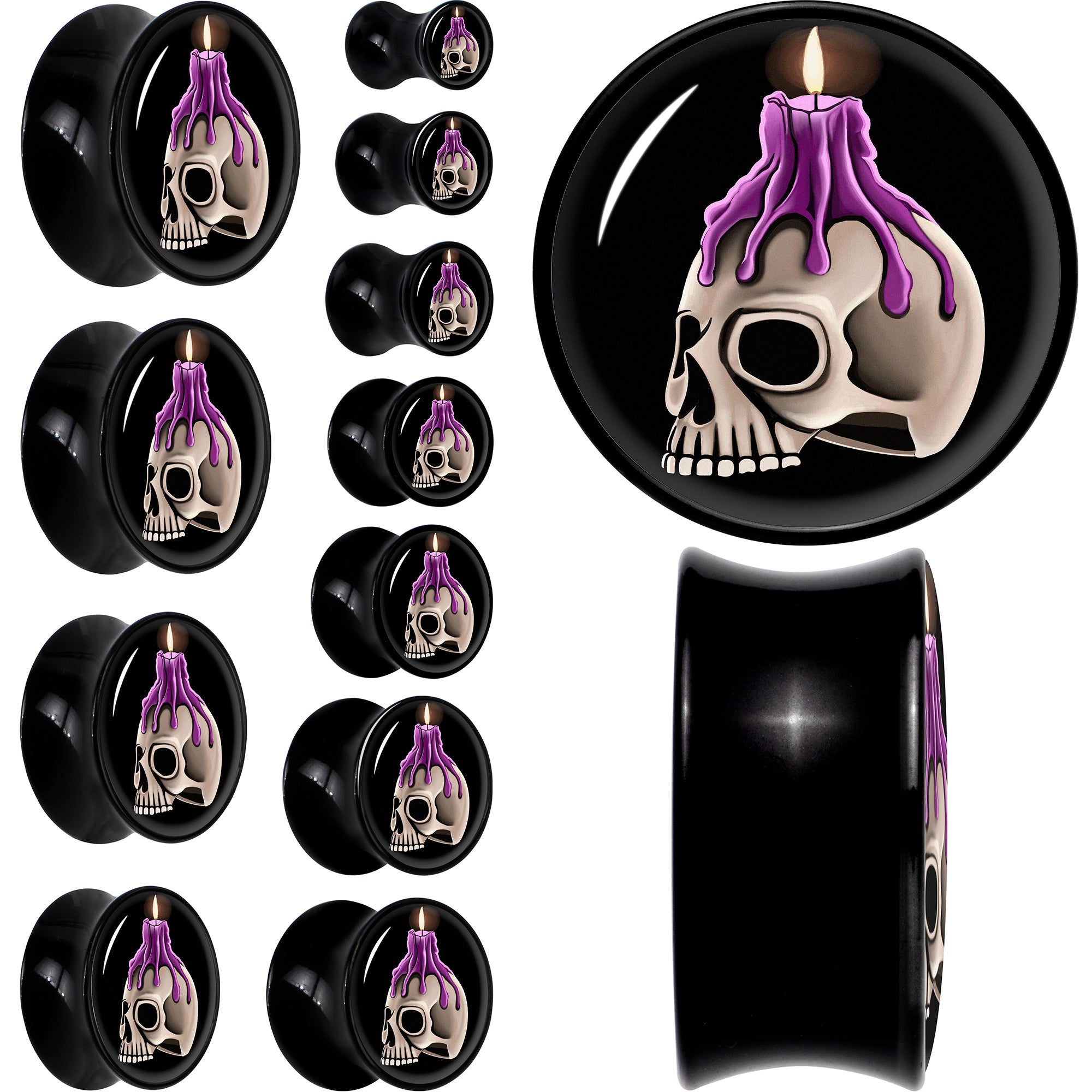 Black Acrylic Burning Skull Candle Double Flare Plug Set by Onyx O