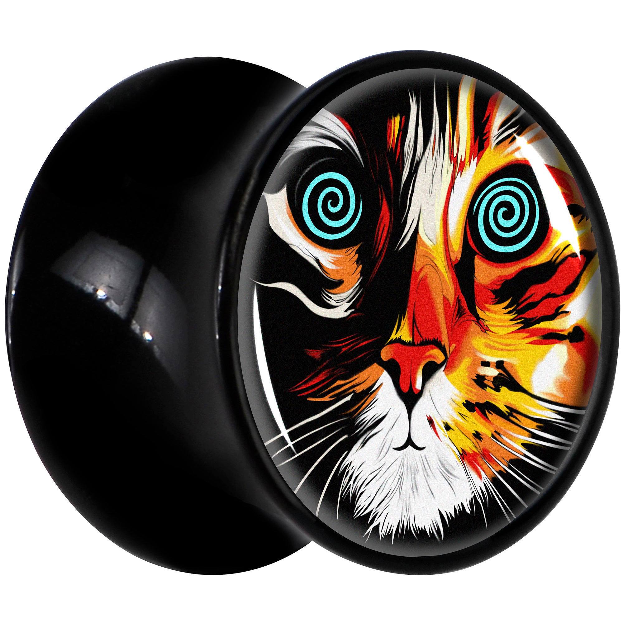 Colorful Trippy Cat Black Acrylic Saddle Plug Set 8mm to 20mm by Onyx O