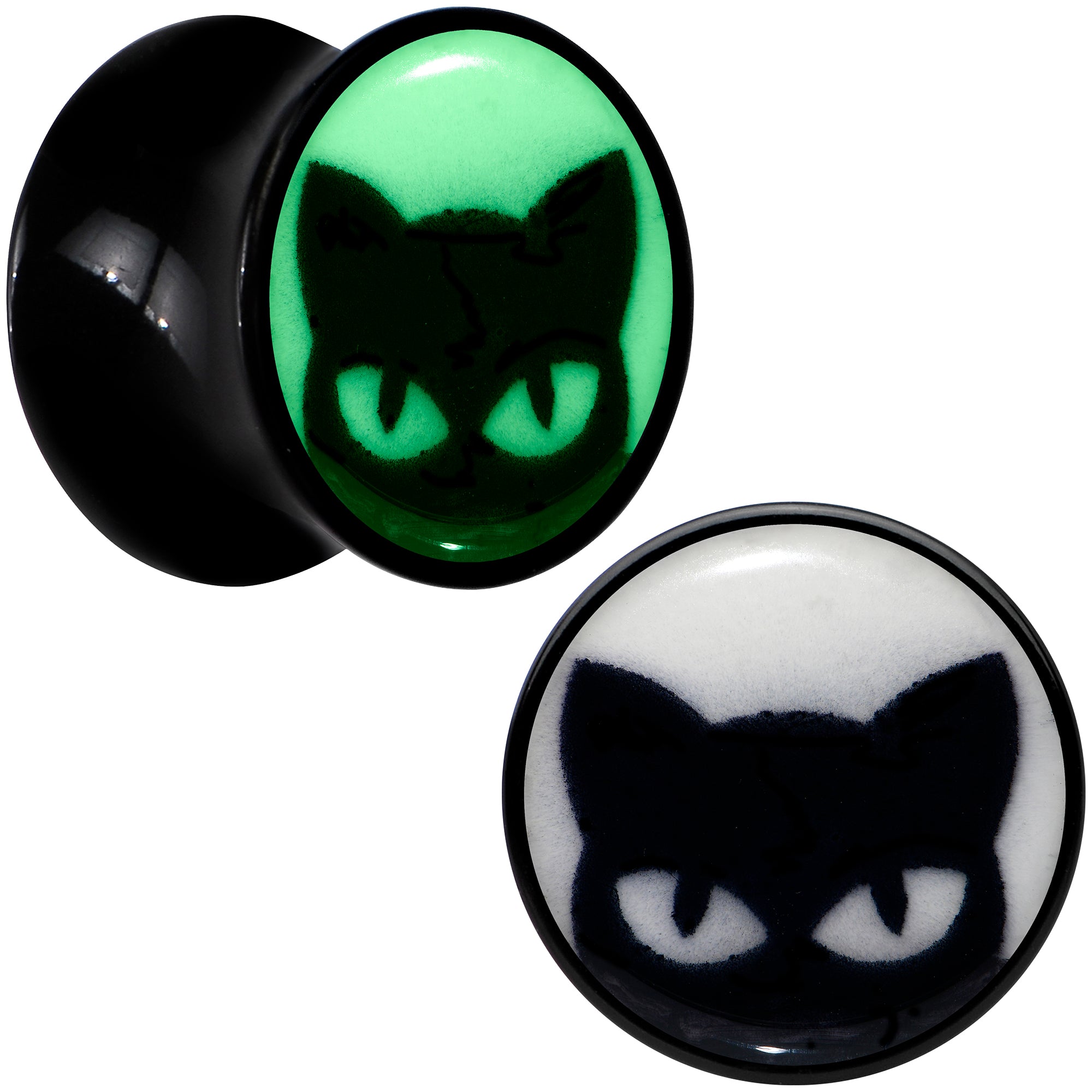 Black Acrylic Glow in the Dark Peeking Cat Double Flare Plug Set by Onyx O