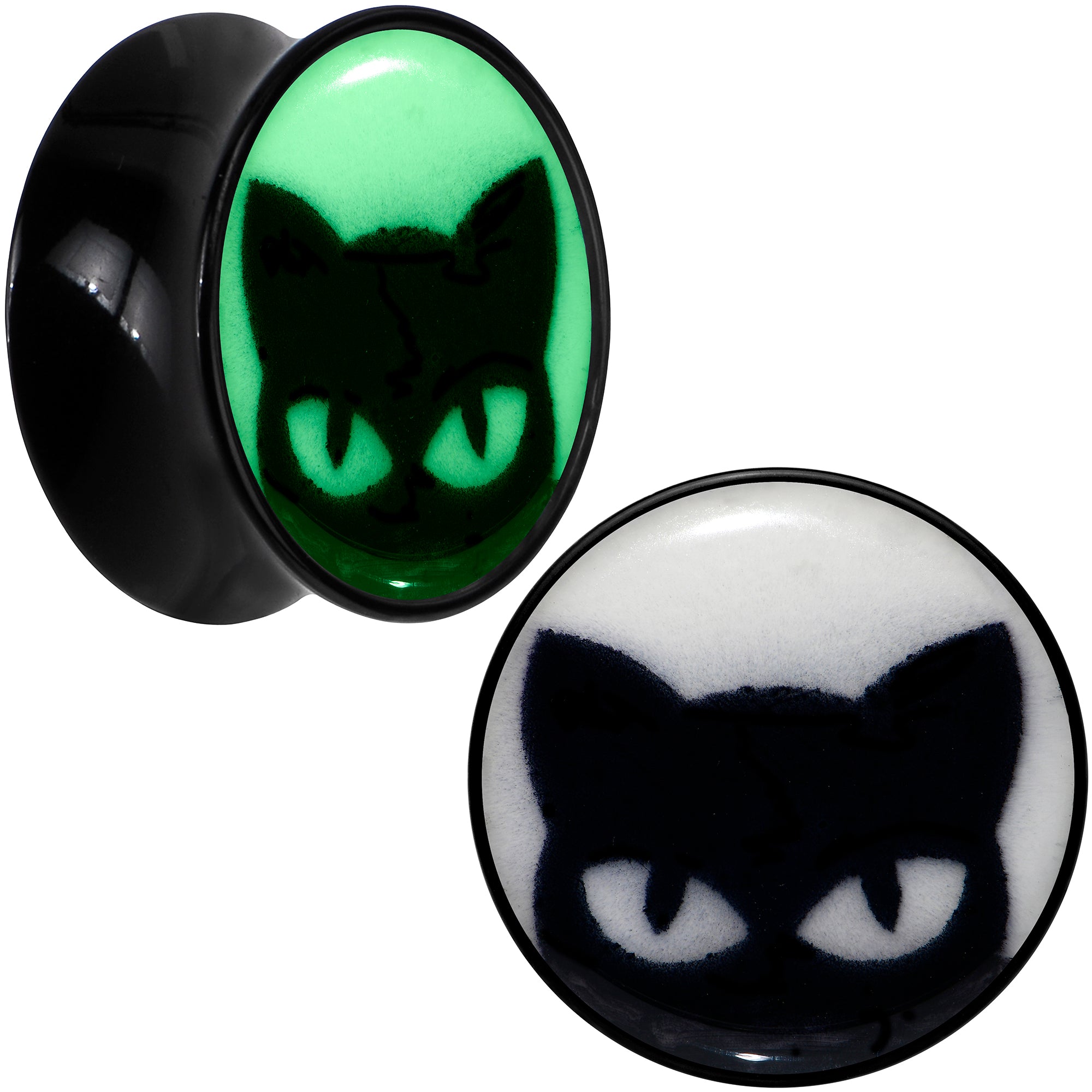 Black Acrylic Glow in the Dark Peeking Cat Double Flare Plug Set by Onyx O