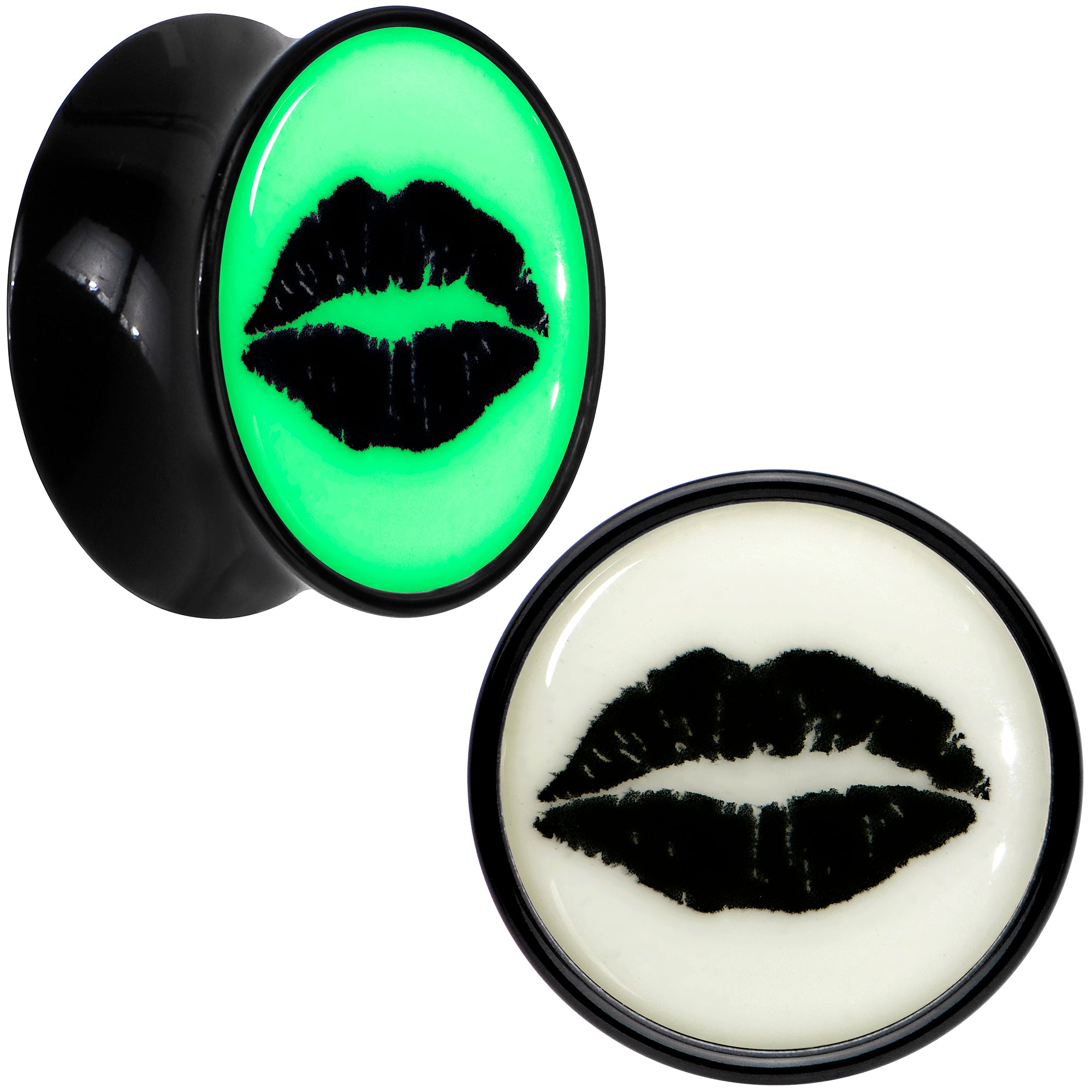 Black Acrylic Lipstick Kiss Glow in Dark Double Flare Plug Set by Onyx O