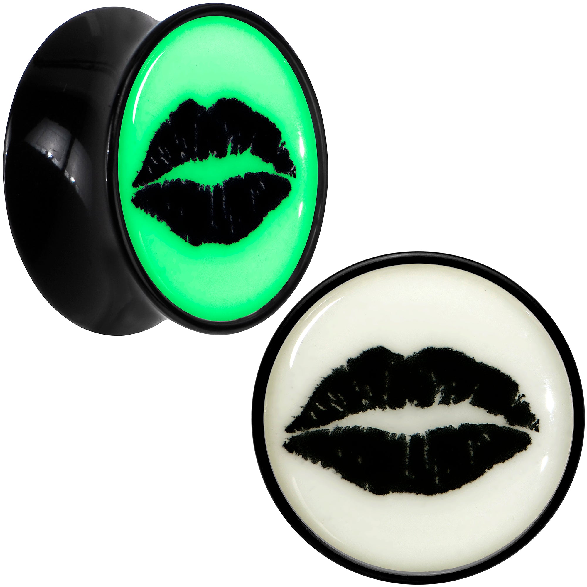 Black Acrylic Lipstick Kiss Glow in Dark Double Flare Plug Set by Onyx O