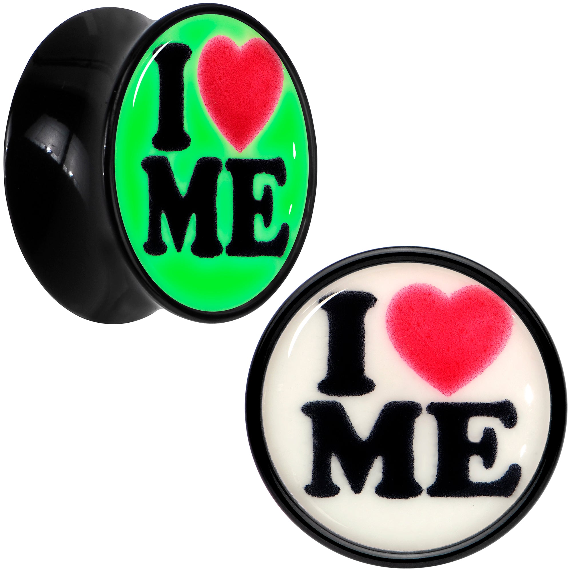 Black Acrylic I Love Me Glow in the Dark Double Flare Plug Set by Onyx O