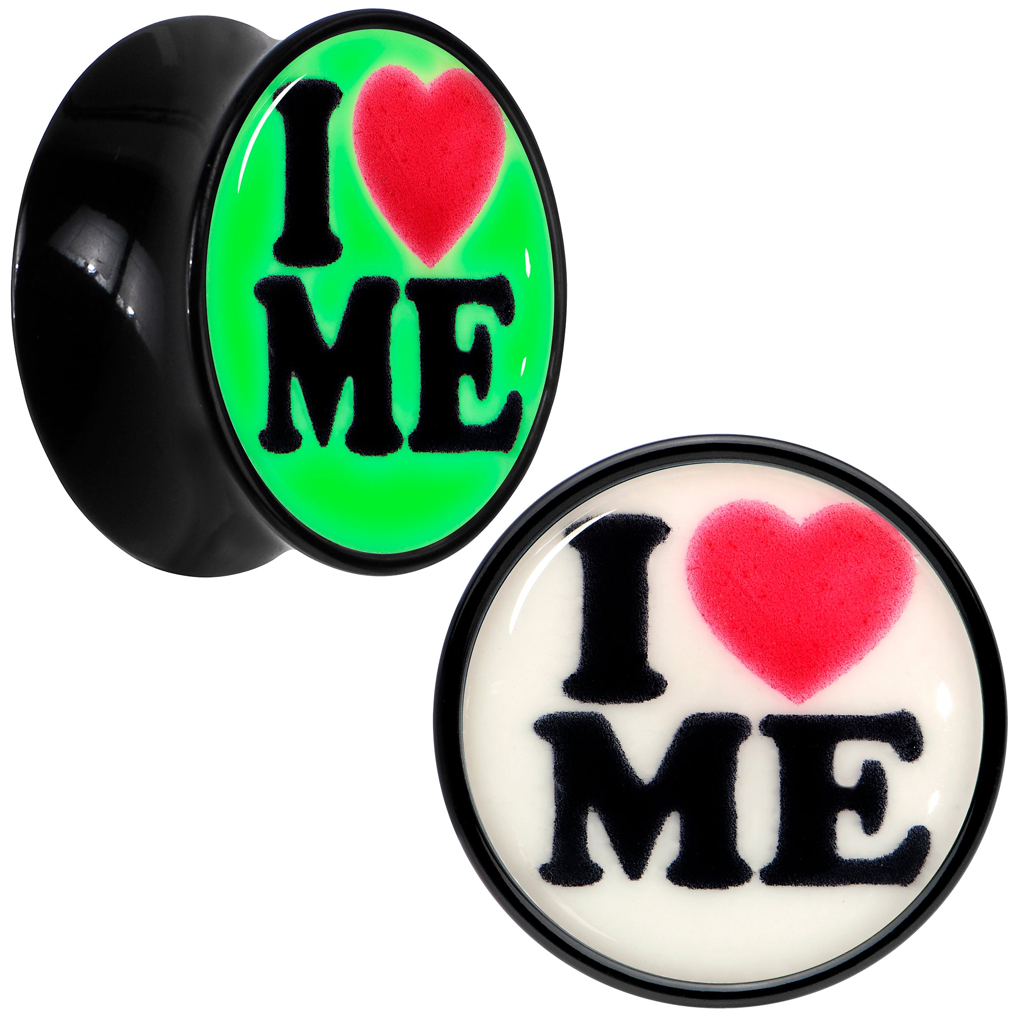 Black Acrylic I Love Me Glow in the Dark Double Flare Plug Set by Onyx O