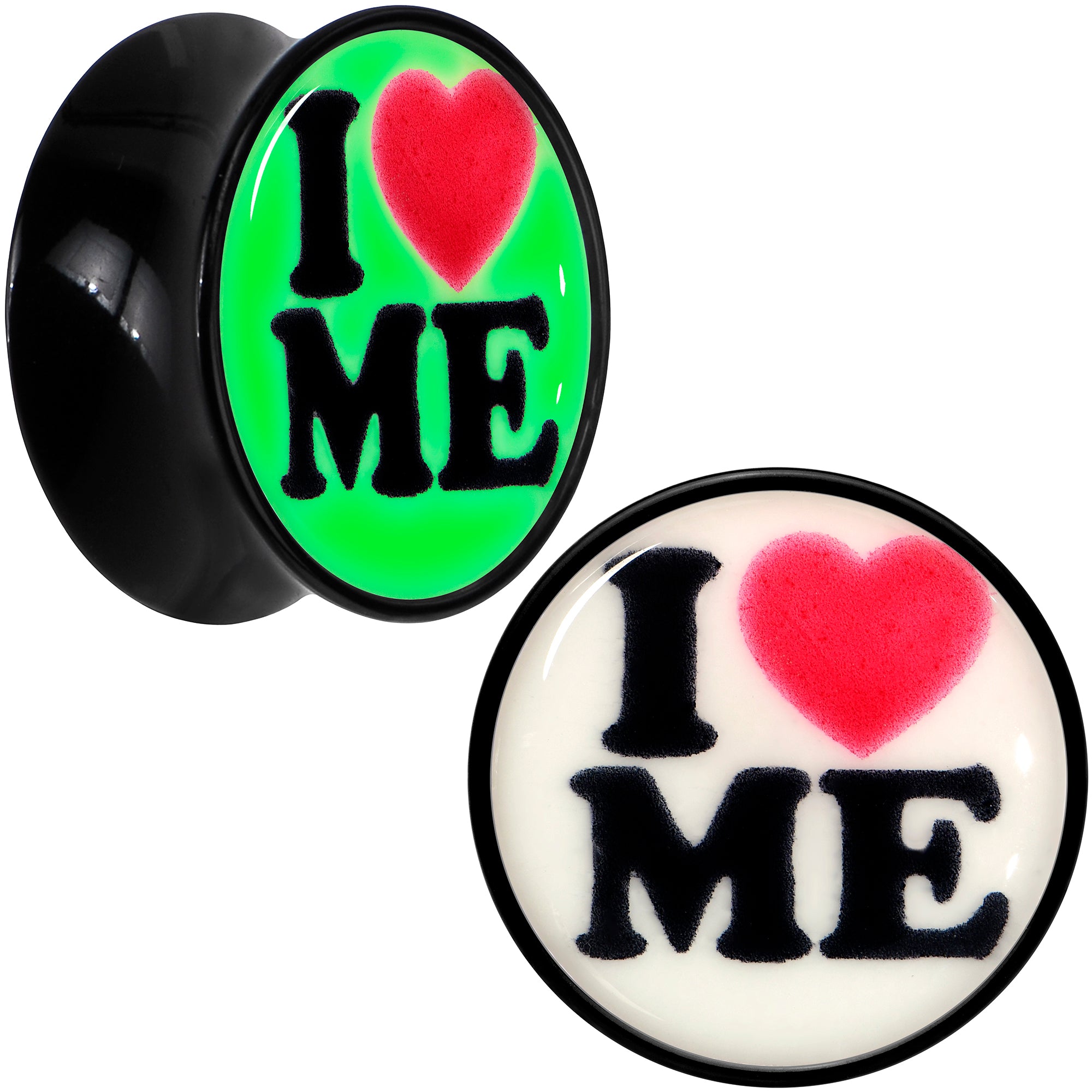 Black Acrylic I Love Me Glow in the Dark Double Flare Plug Set by Onyx O