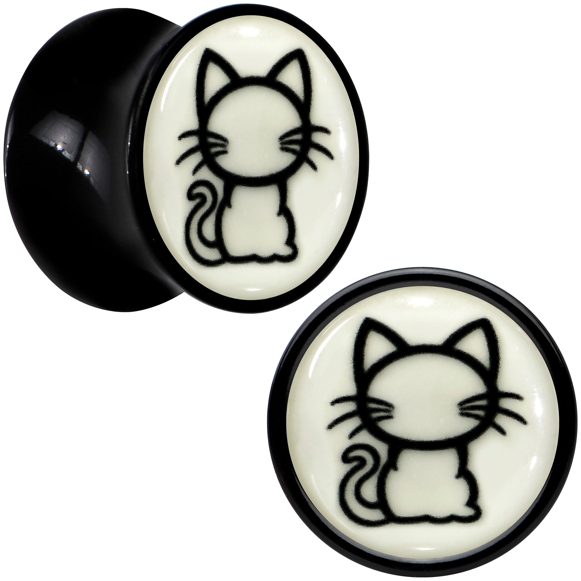 Glow in the Dark Kitty Cat Black Acrylic Saddle Plug Set 8mm to 20mm by Onyx O