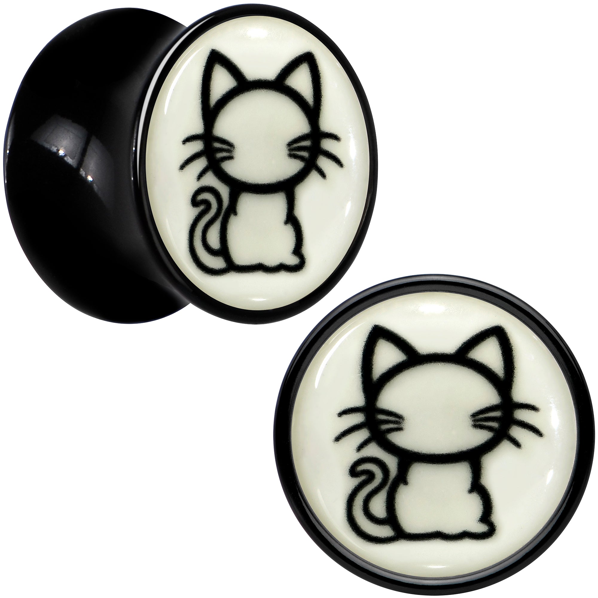 Glow in the Dark Kitty Cat Black Acrylic Saddle Plug Set 8mm to 20mm by Onyx O