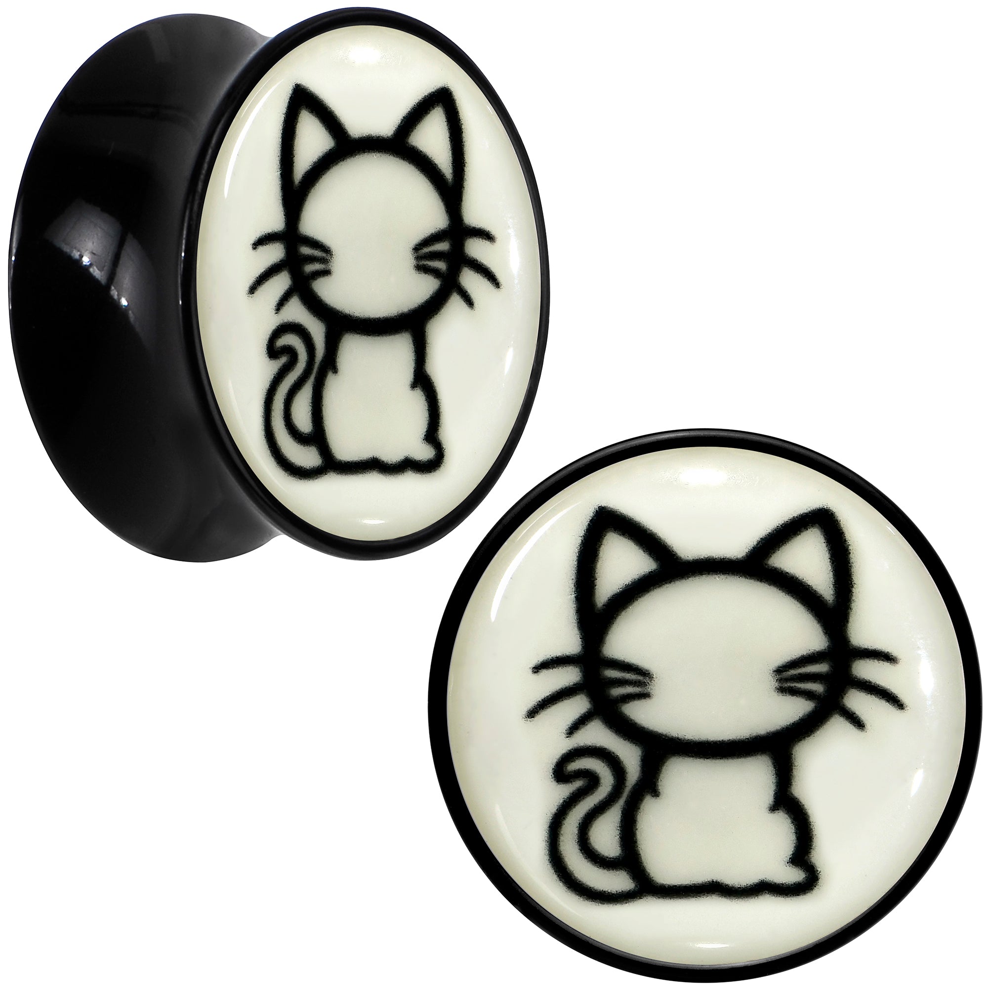 Glow in the Dark Kitty Cat Black Acrylic Saddle Plug Set 8mm to 20mm by Onyx O