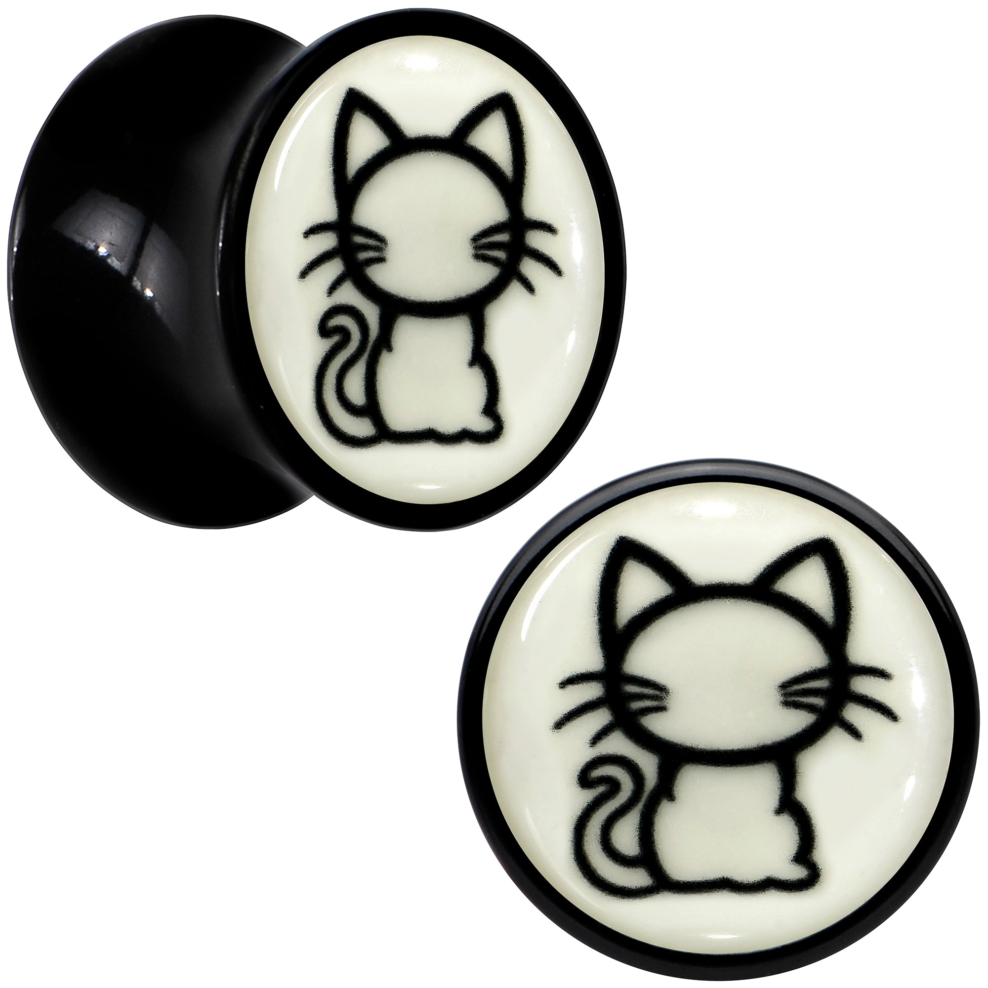 Glow in the Dark Kitty Cat Black Acrylic Saddle Plug Set 8mm to 20mm by Onyx O