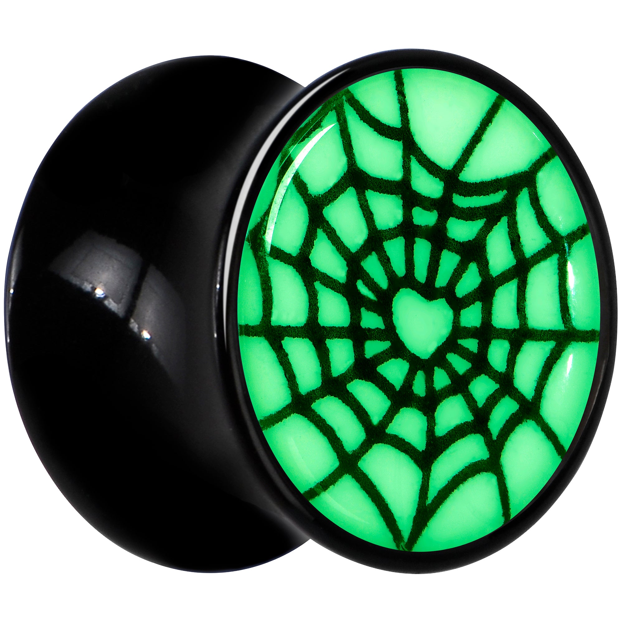 Black Acrylic Heart Spider Web Glow in the Dark Double Flare Plug Set by Onyx O