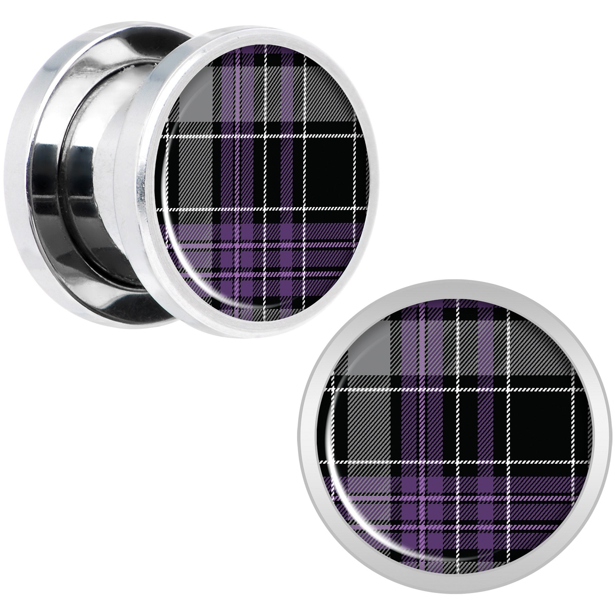 Winter Purple Black Plaid Screw Fit Plug Set Sizes 5mm to 20mm