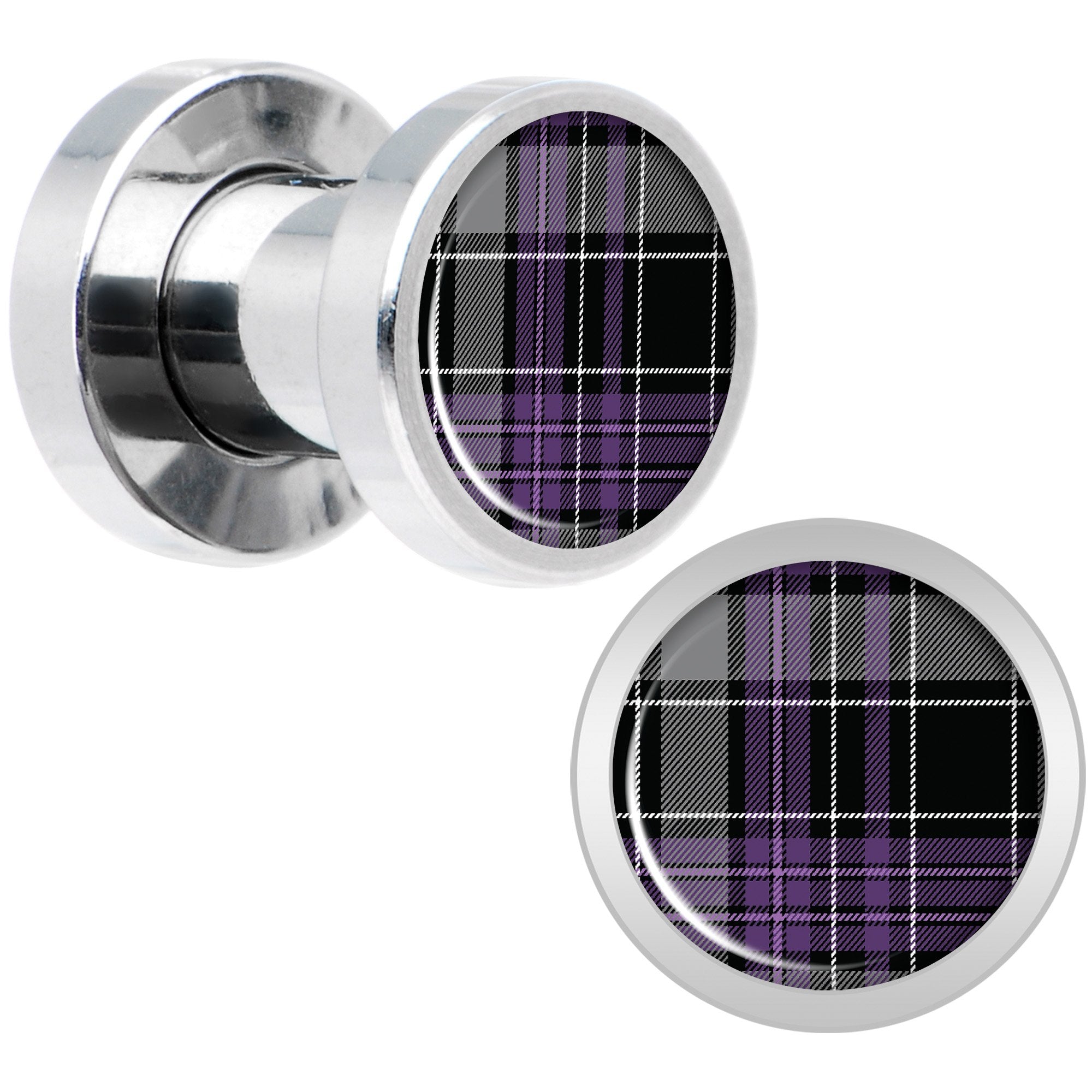 Winter Purple Black Plaid Screw Fit Plug Set Sizes 5mm to 20mm