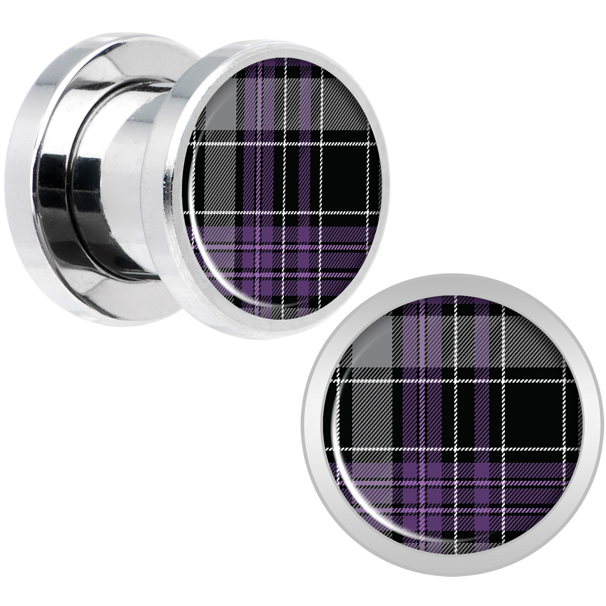 Winter Purple Black Plaid Screw Fit Plug Set Sizes 5mm to 20mm