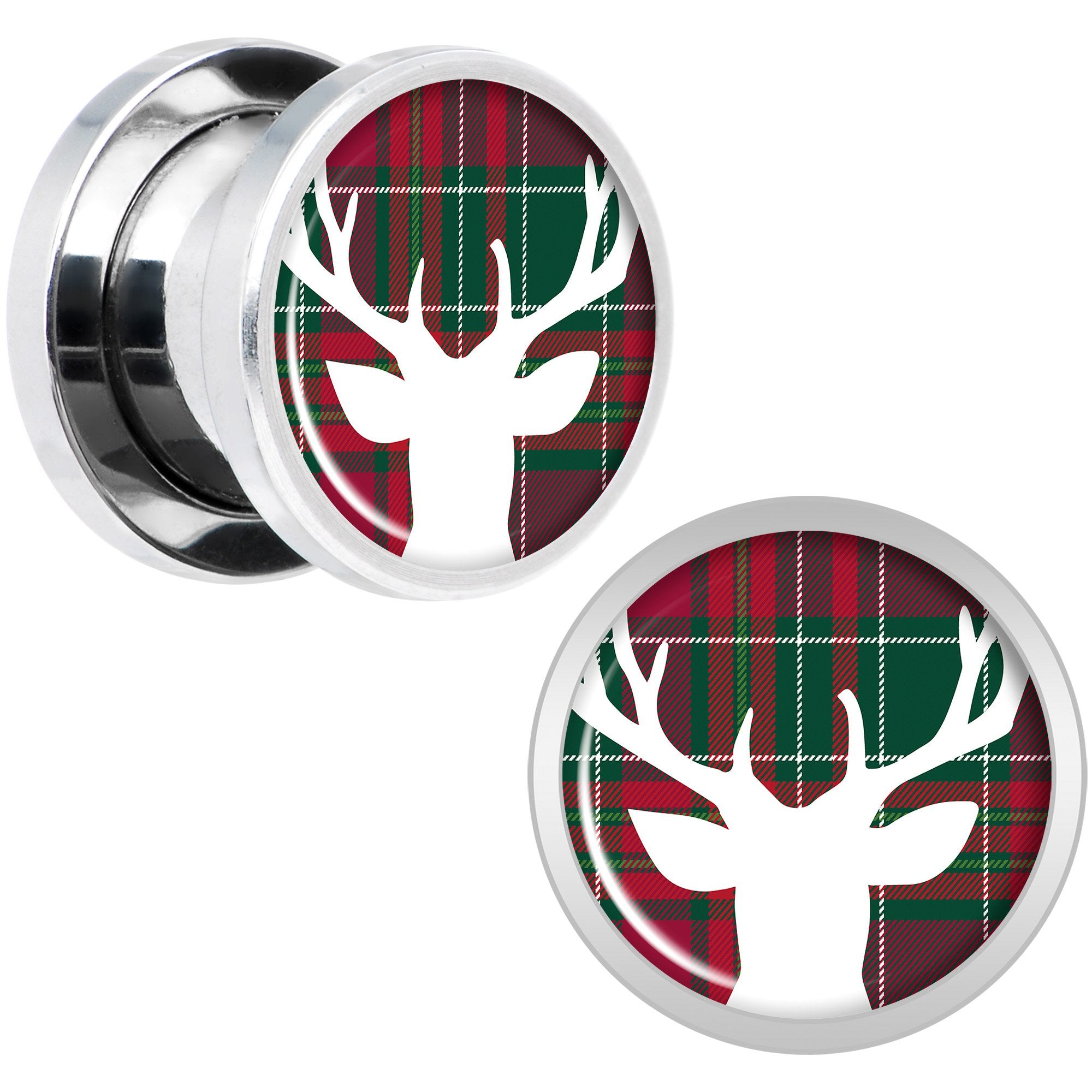 Red Green Plaid Reindeer Screw Fit Plug Set Sizes 5mm to 20mm