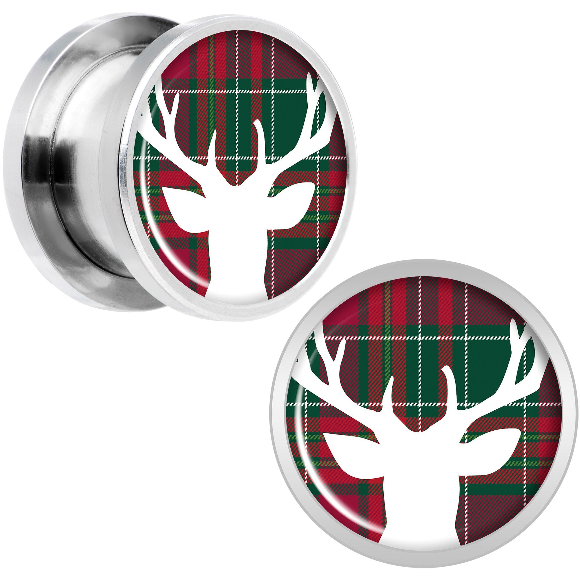 Red Green Plaid Reindeer Screw Fit Plug Set Sizes 5mm to 20mm