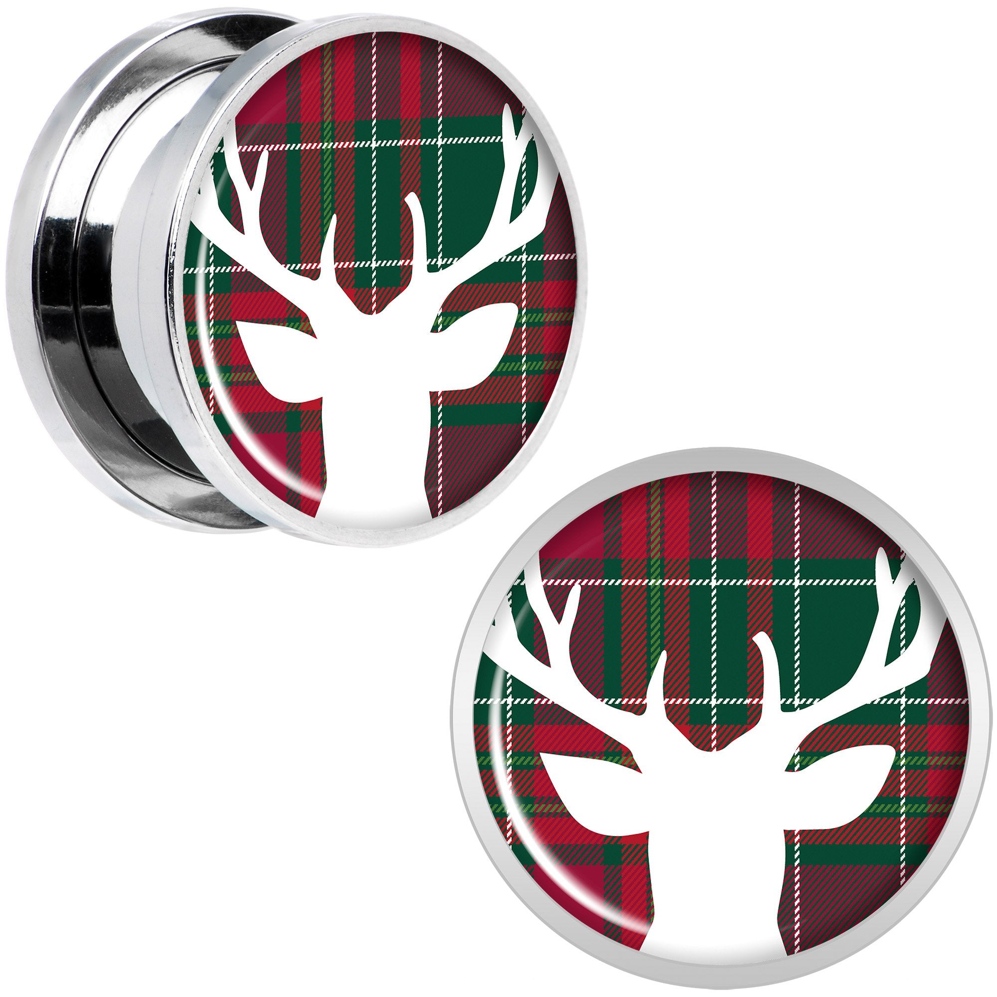 Red Green Plaid Reindeer Screw Fit Plug Set Sizes 5mm to 20mm