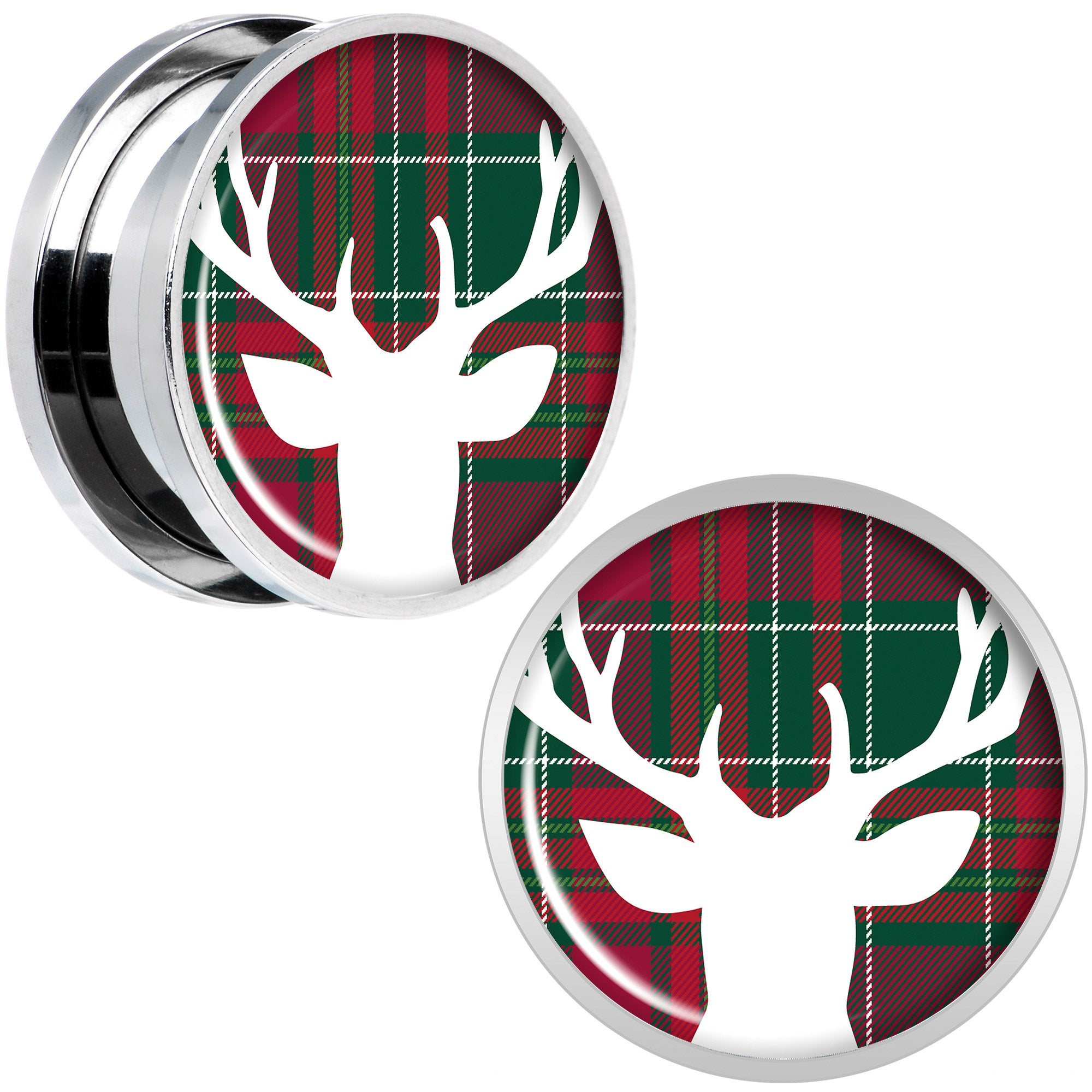 Red Green Plaid Reindeer Screw Fit Plug Set Sizes 5mm to 20mm