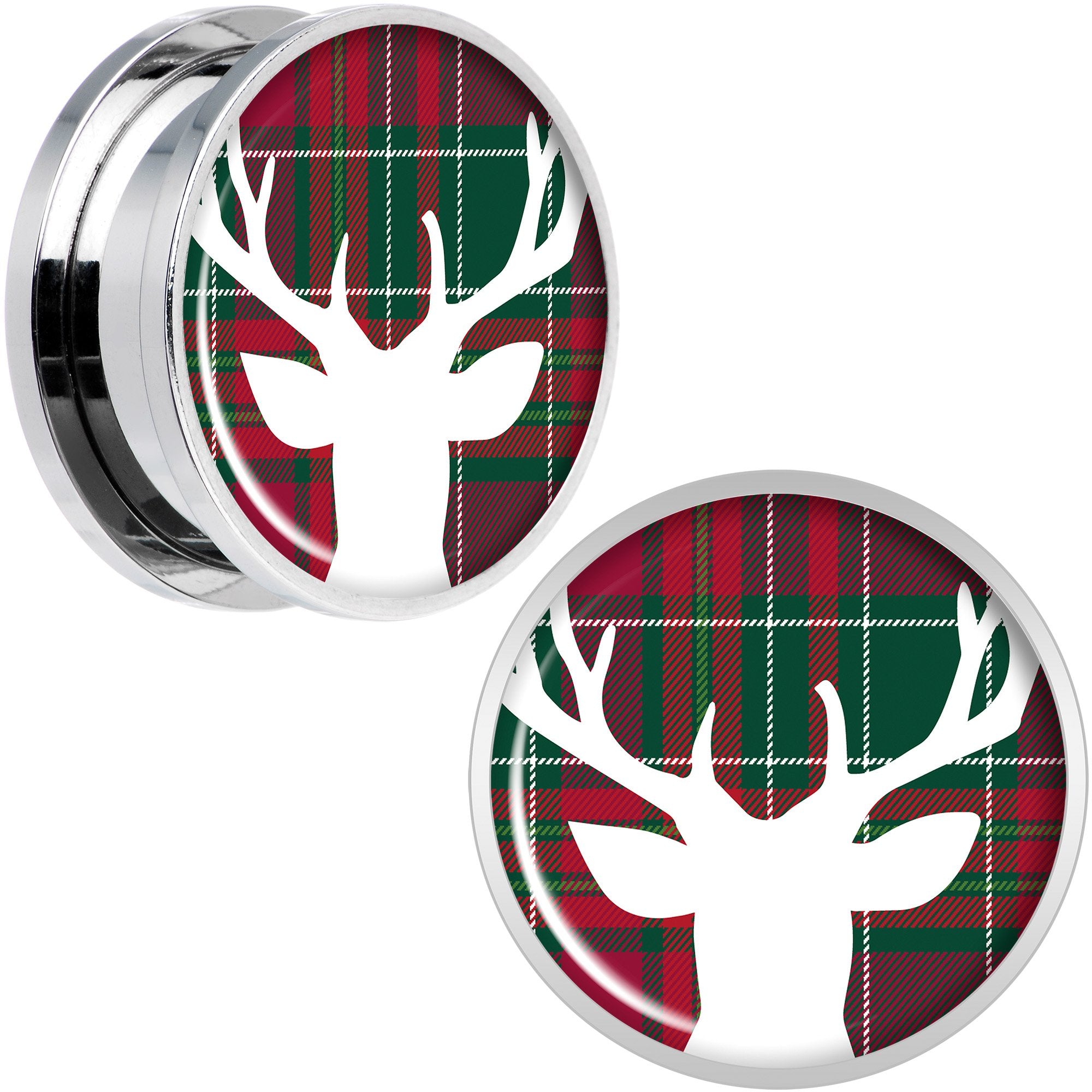 Red Green Plaid Reindeer Screw Fit Plug Set Sizes 5mm to 20mm