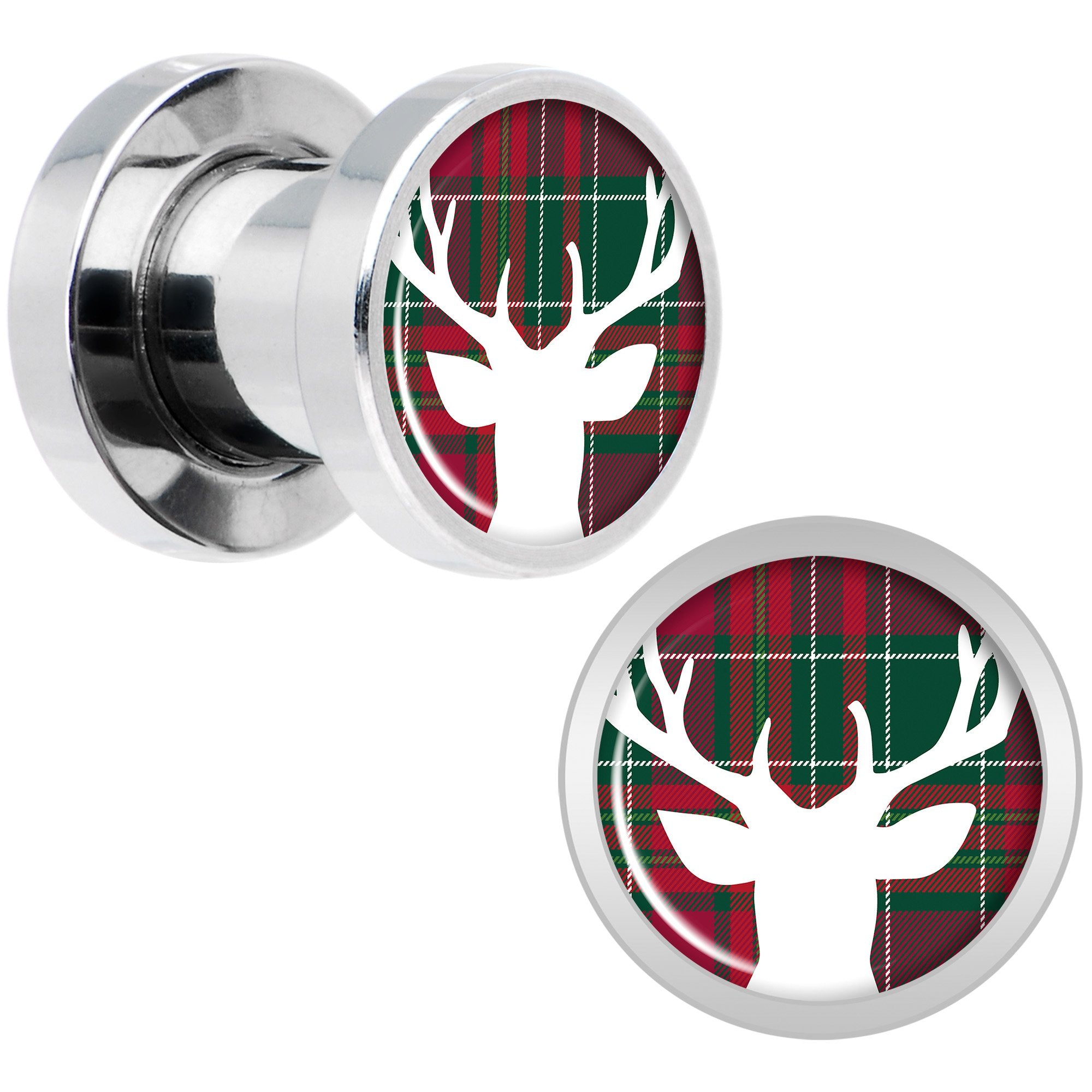 Red Green Plaid Reindeer Screw Fit Plug Set Sizes 5mm to 20mm
