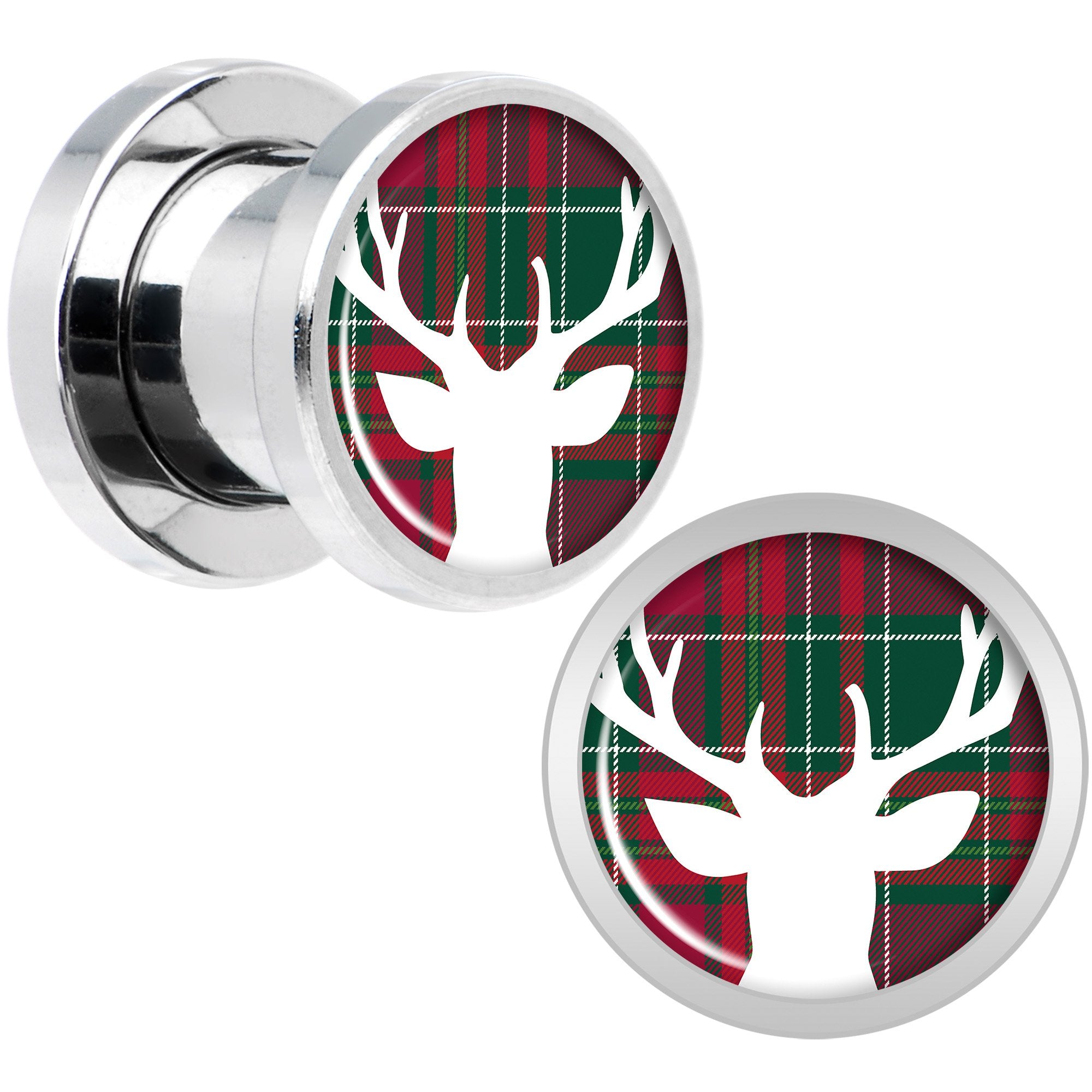 Red Green Plaid Reindeer Screw Fit Plug Set Sizes 5mm to 20mm