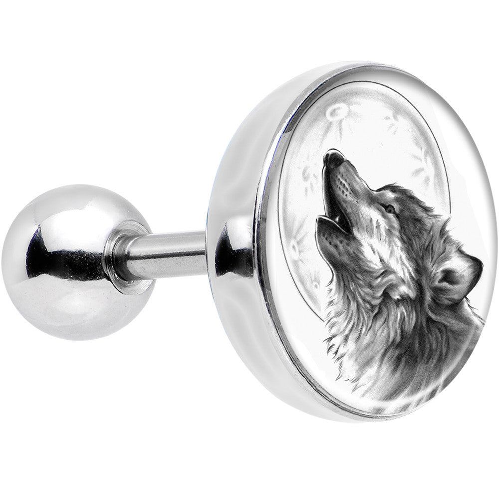 16G Black and White Howling Wolf Tragus Cartilage Earring