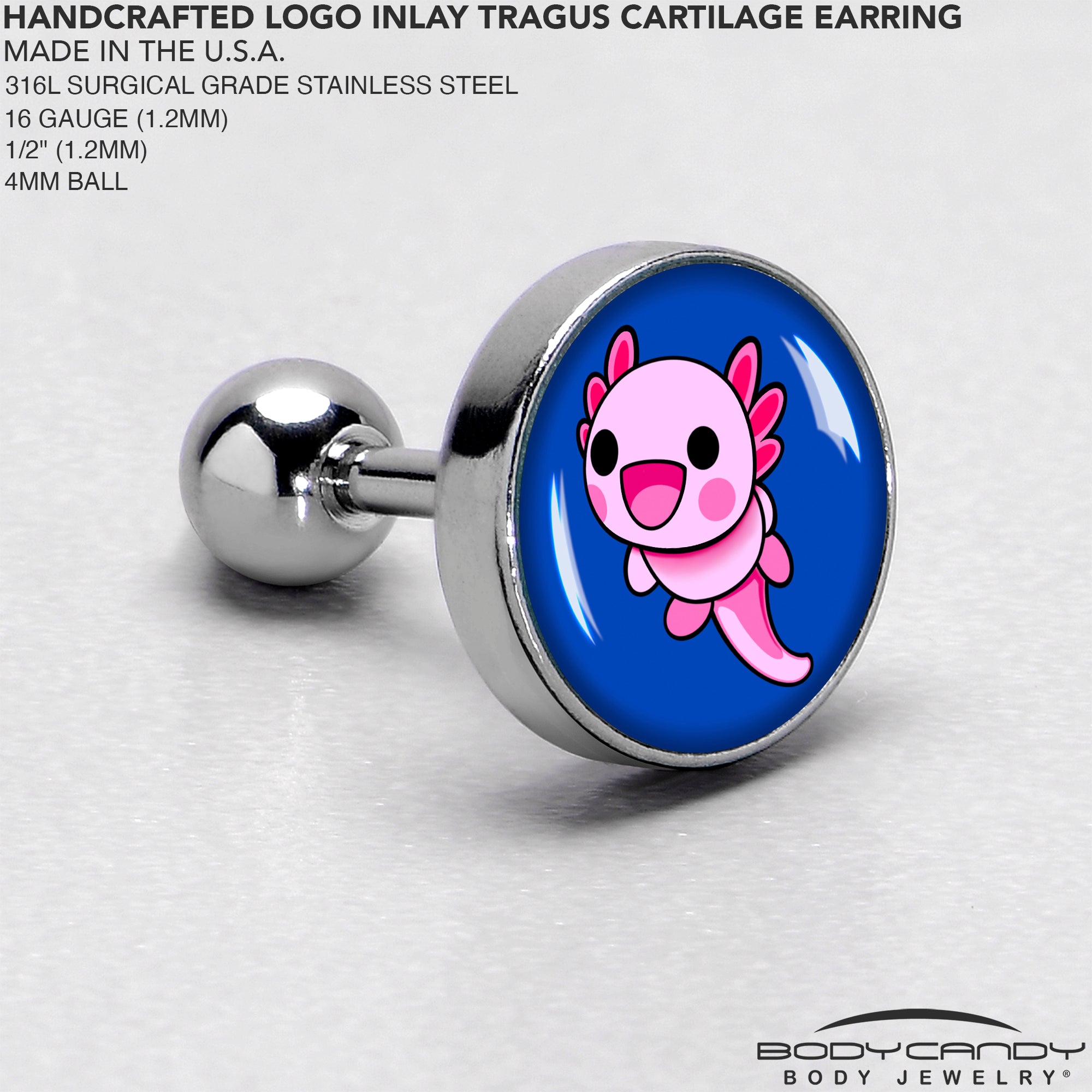 16G 1/4 Adorable Axolotl Cartilage Tragus Earring by Onyx O