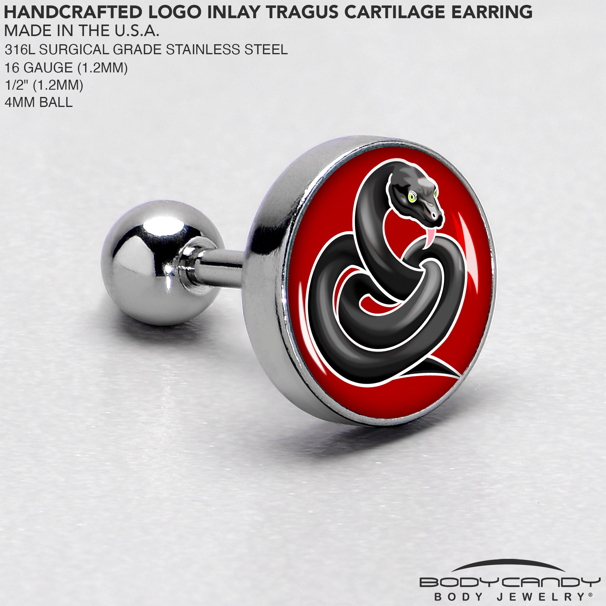 16G 1/4 Black Snake Cartilage Tragus Earring by Onyx O