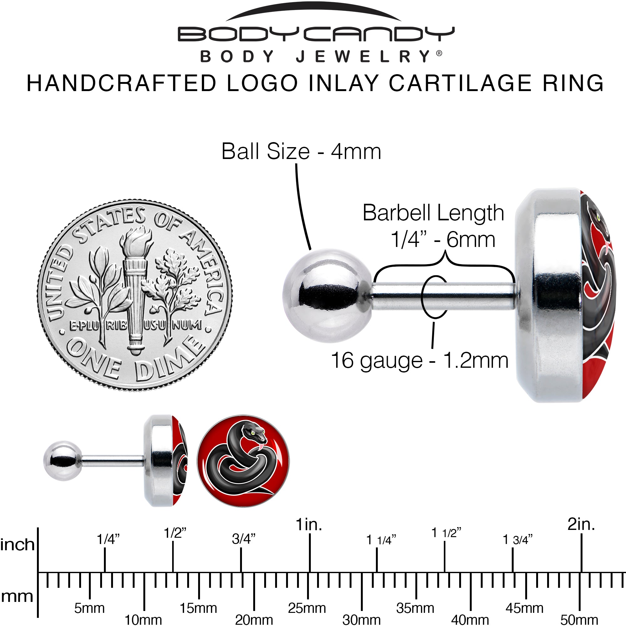 16G 1/4 Black Snake Cartilage Tragus Earring by Onyx O