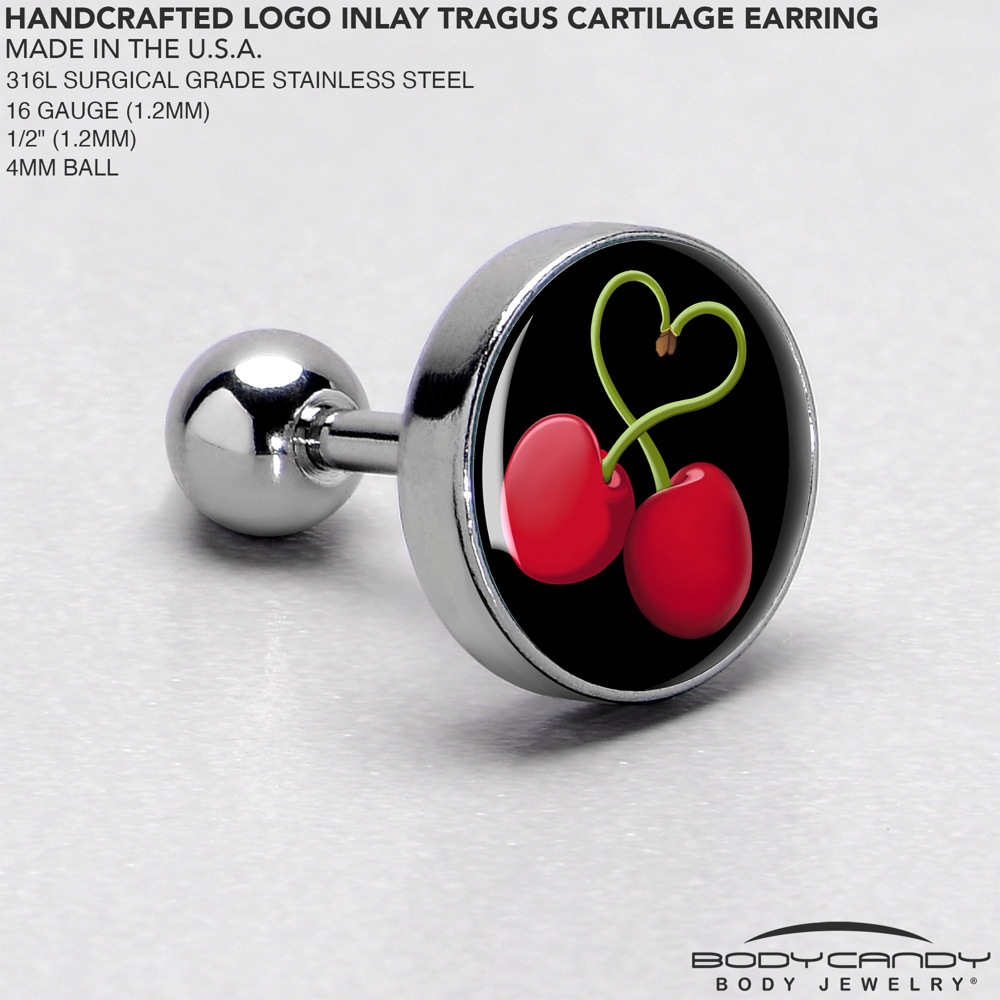 16G 1/4 Cherry Heart Cartilage Tragus Earring by Onyx O