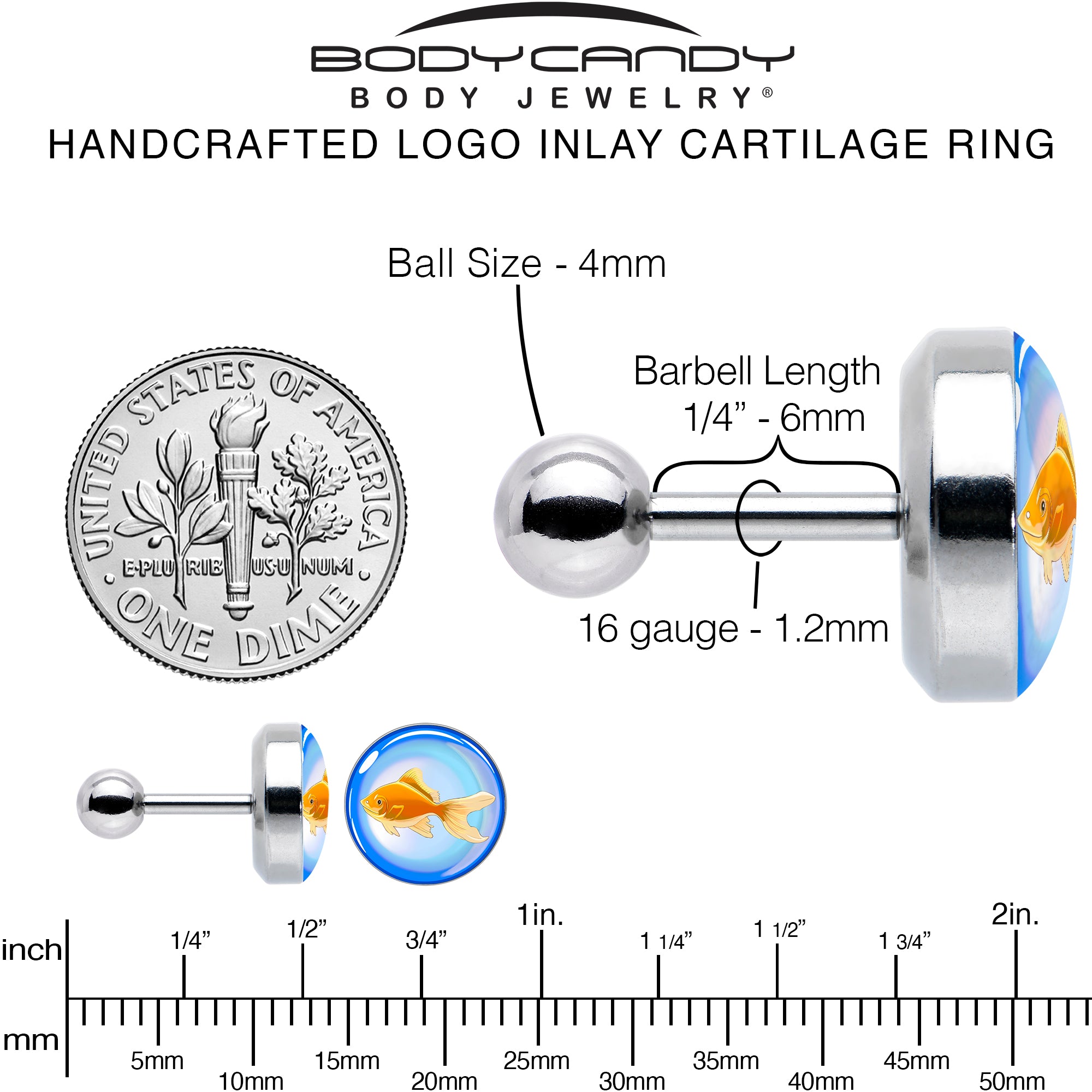 16G 1/4 Gold Fish Cartilage Tragus Earring by Onyx O