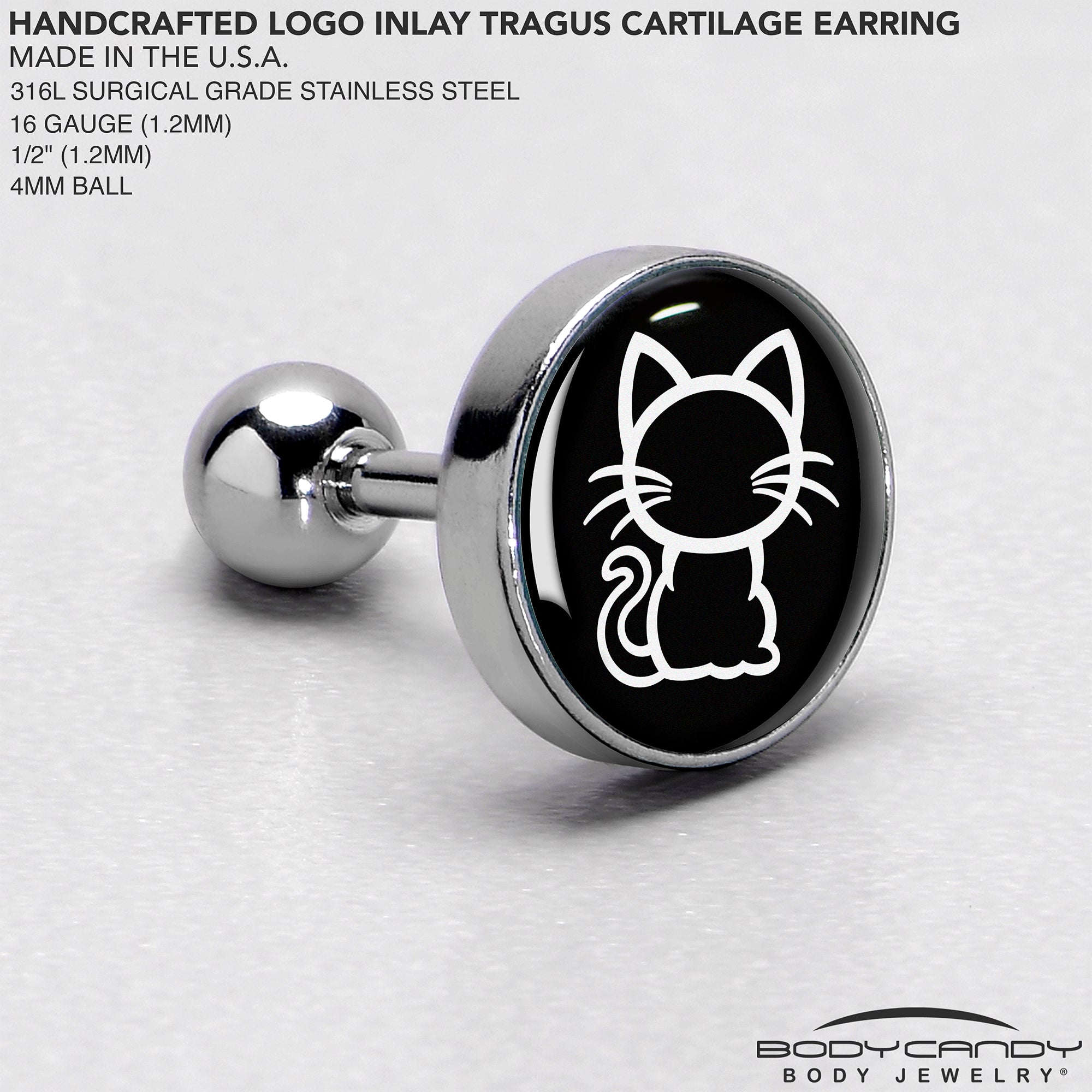 16G 1/4 Black and White Kitty Cat Cartilage Tragus Earring by Onyx O