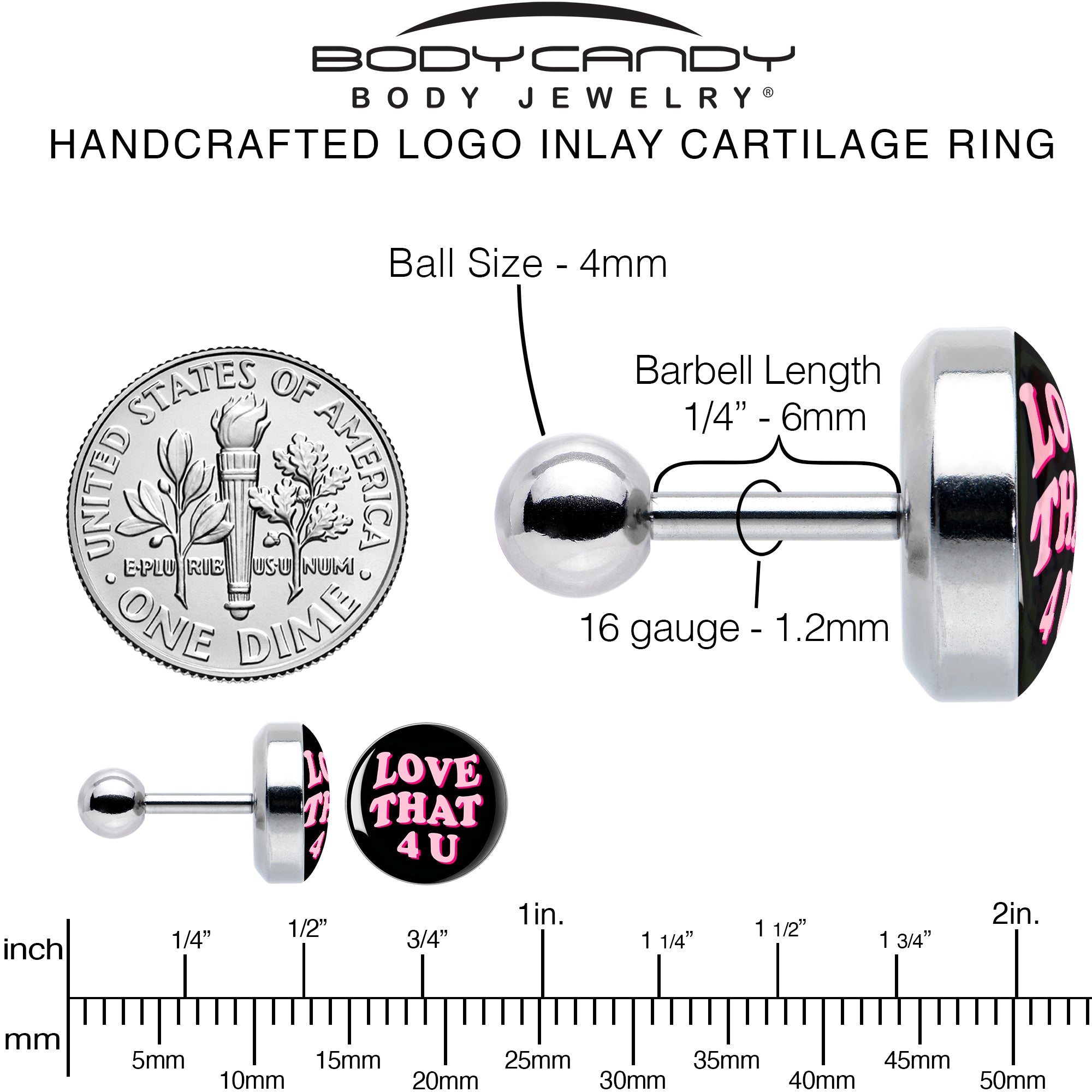 16G 1/4 Love That 4 You Cartilage Tragus Earring by Onyx O