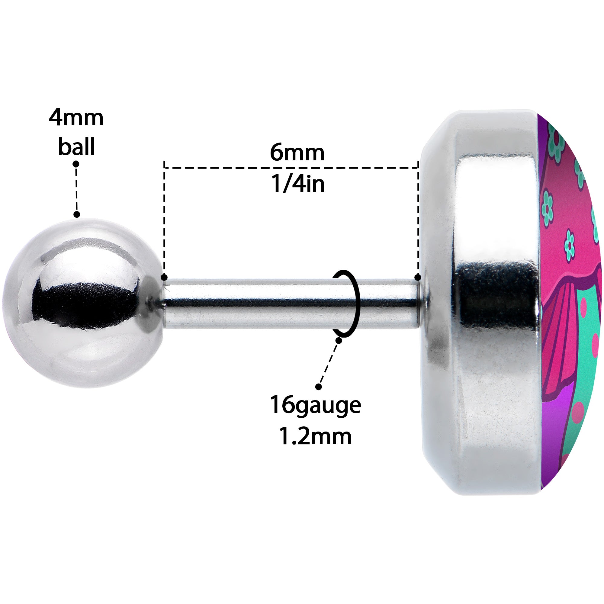 16G 1/4 Funky Floral Mushroom Cartilage Tragus Earring by Onyx O