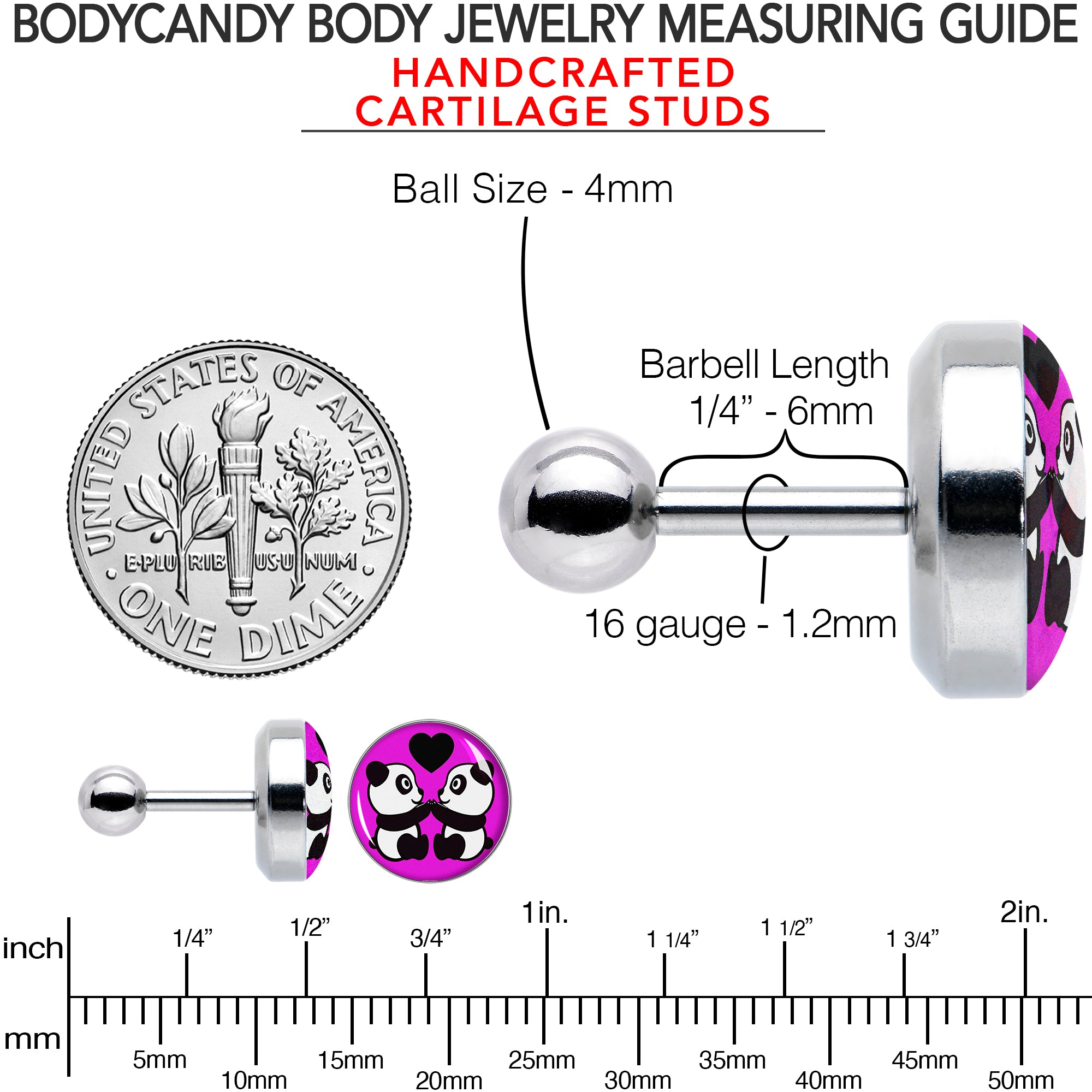 16G 1/4 Panda Love Cartilage Tragus Earring by Onyx O