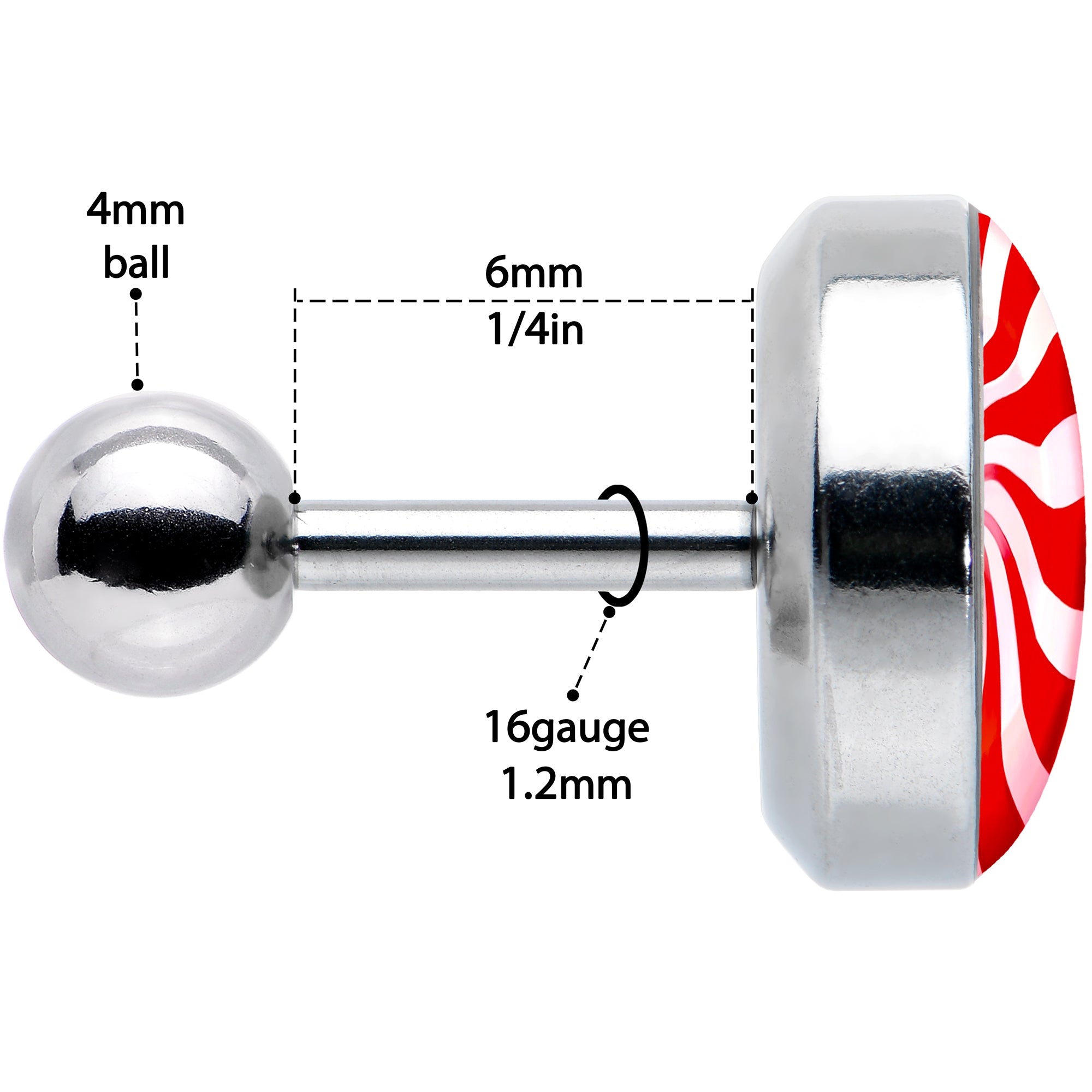 16G 1/4 Holiday Peppermint Candy Tragus Cartilage Earring