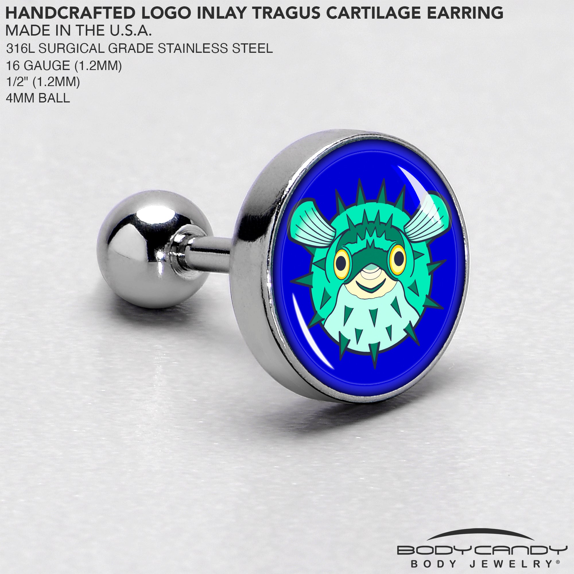 16G 1/4 Pufferfish Cartilage Tragus Earring by Onyx O