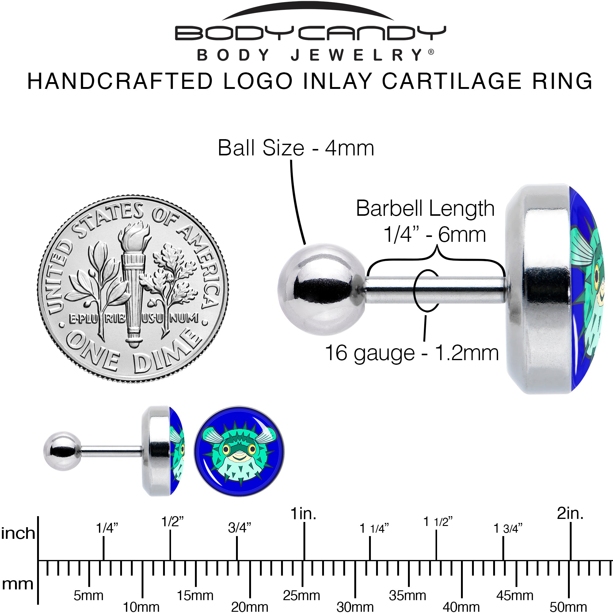 16G 1/4 Pufferfish Cartilage Tragus Earring by Onyx O
