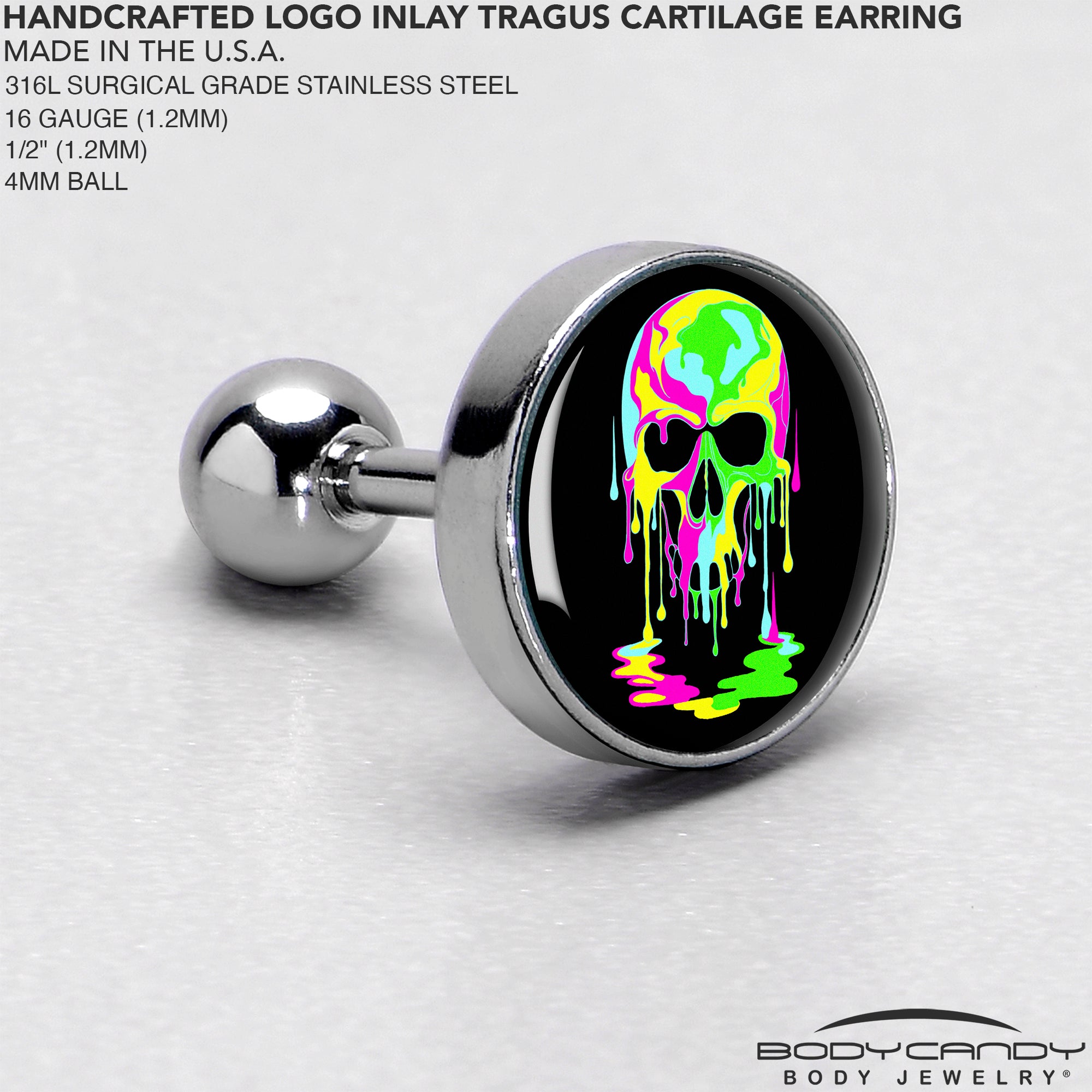 16G 1/4 Ultra Bright Melting Skull Tragus Cartilage Earring by Onyx O