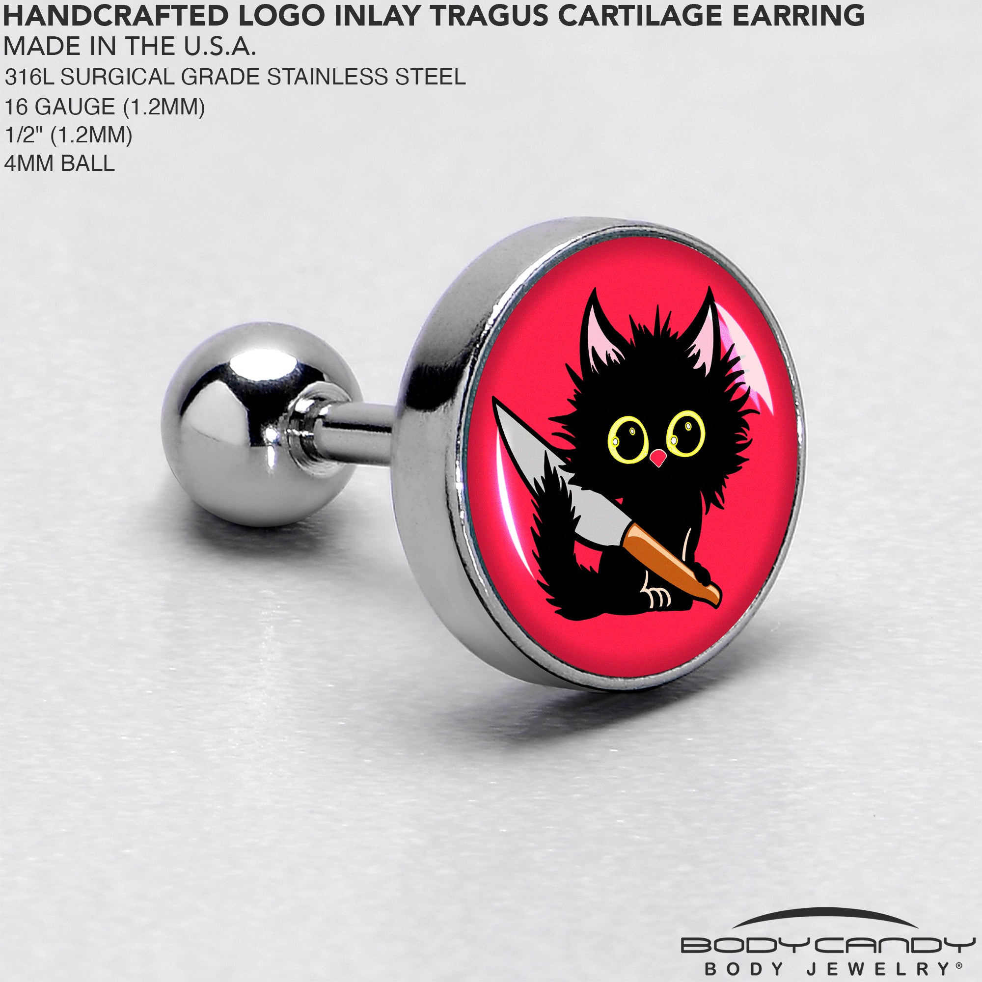 16G 1/4 Stabby Cat Tragus Cartilage Earring by Onyx O