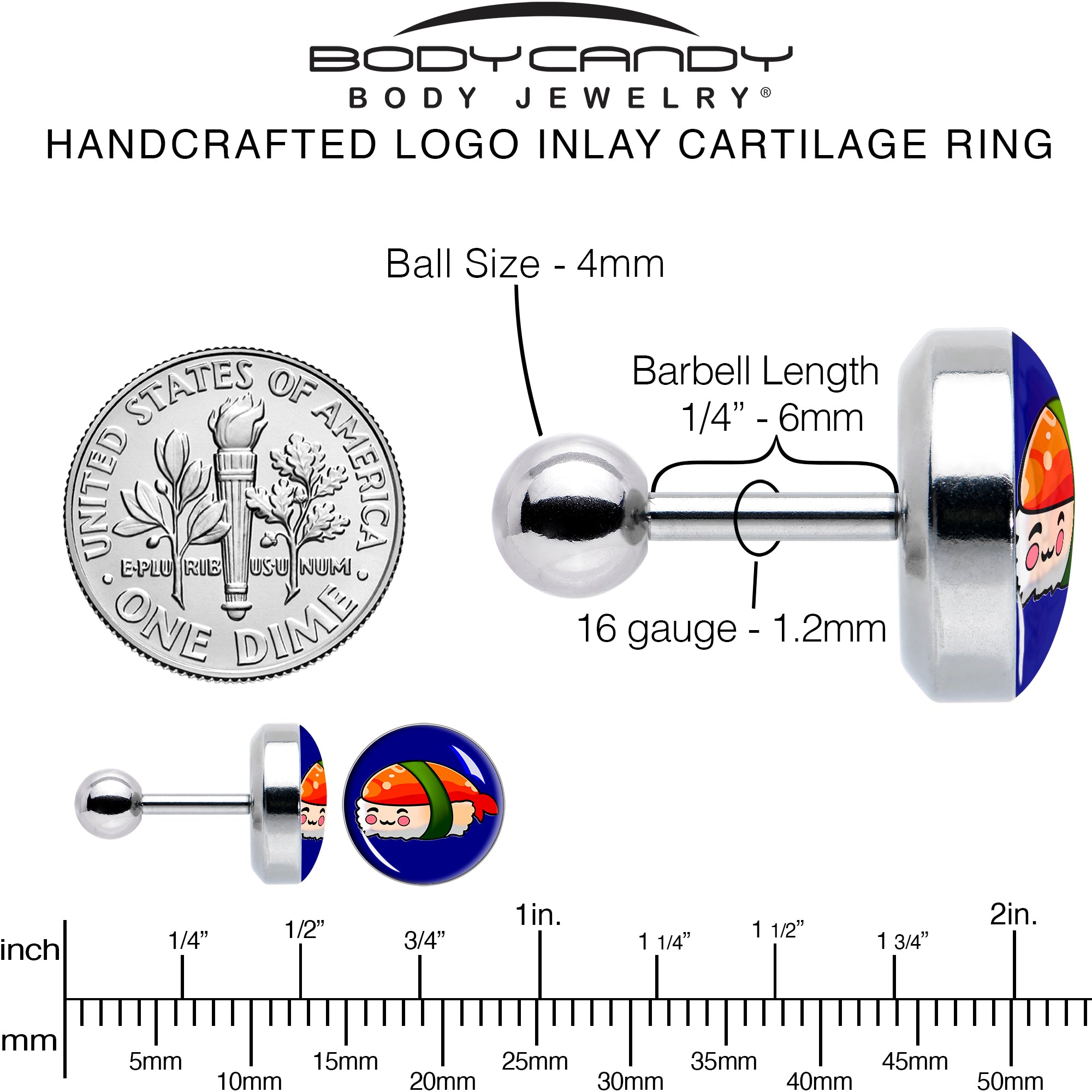 16G 1/4 Sushi Cartilage Tragus Earring by Onyx O