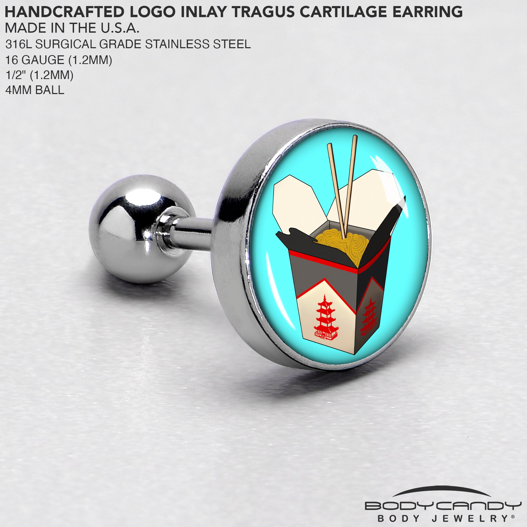 16G 1/4 Chinese Take Out Cartilage Tragus Earring by Onyx O