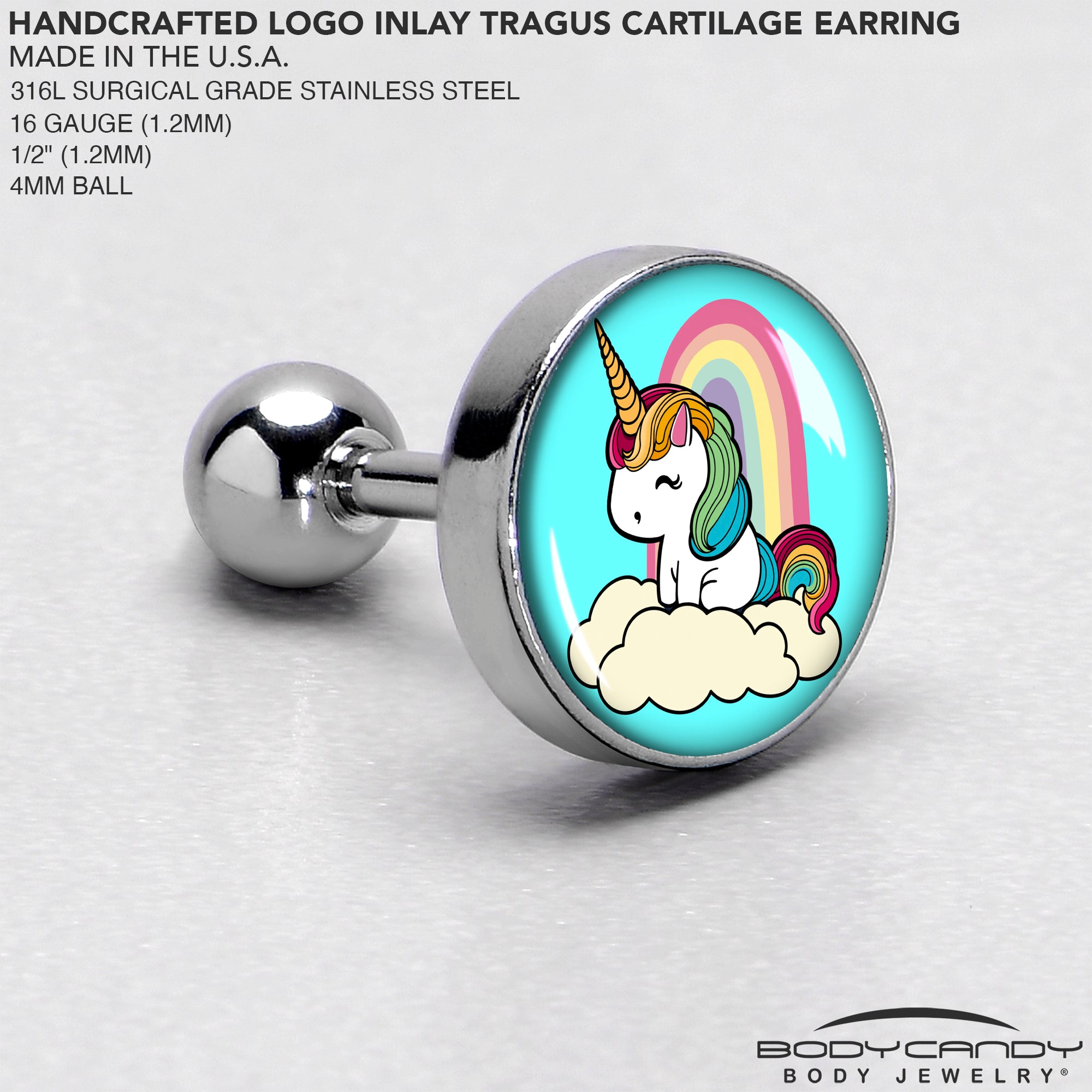 16G 1/4 Rainbow Unicorn Cartilage Tragus Earring by Onyx O